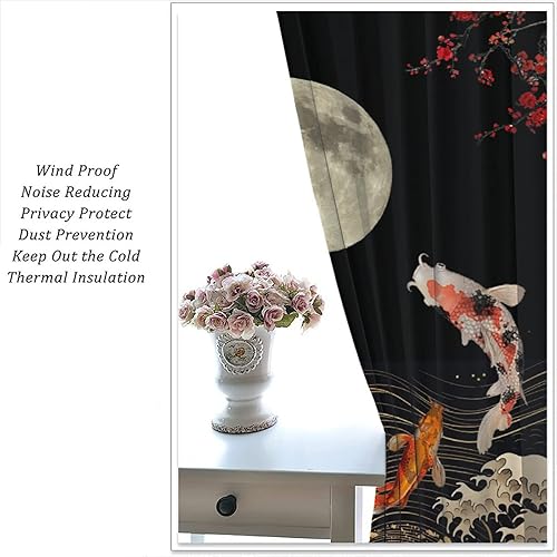 Miniatura 5 de Cortinas de pez Koi para dormitorio, estilo japonés Yin Yang con ondas grandes, tratamientos de ventana de flor de cerezo para sala de estar, juego