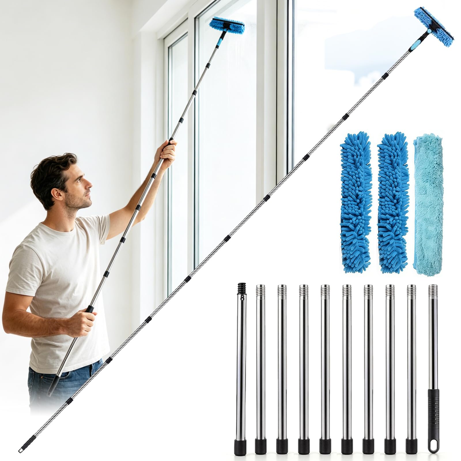 Limpiacristales Telescopico con Mango Extensible 180cm, Rasqueta Limpiacristales con 2 Cuchillas, Limpia Cristales Ventanas para Baño, Ventana, Coche — view 8