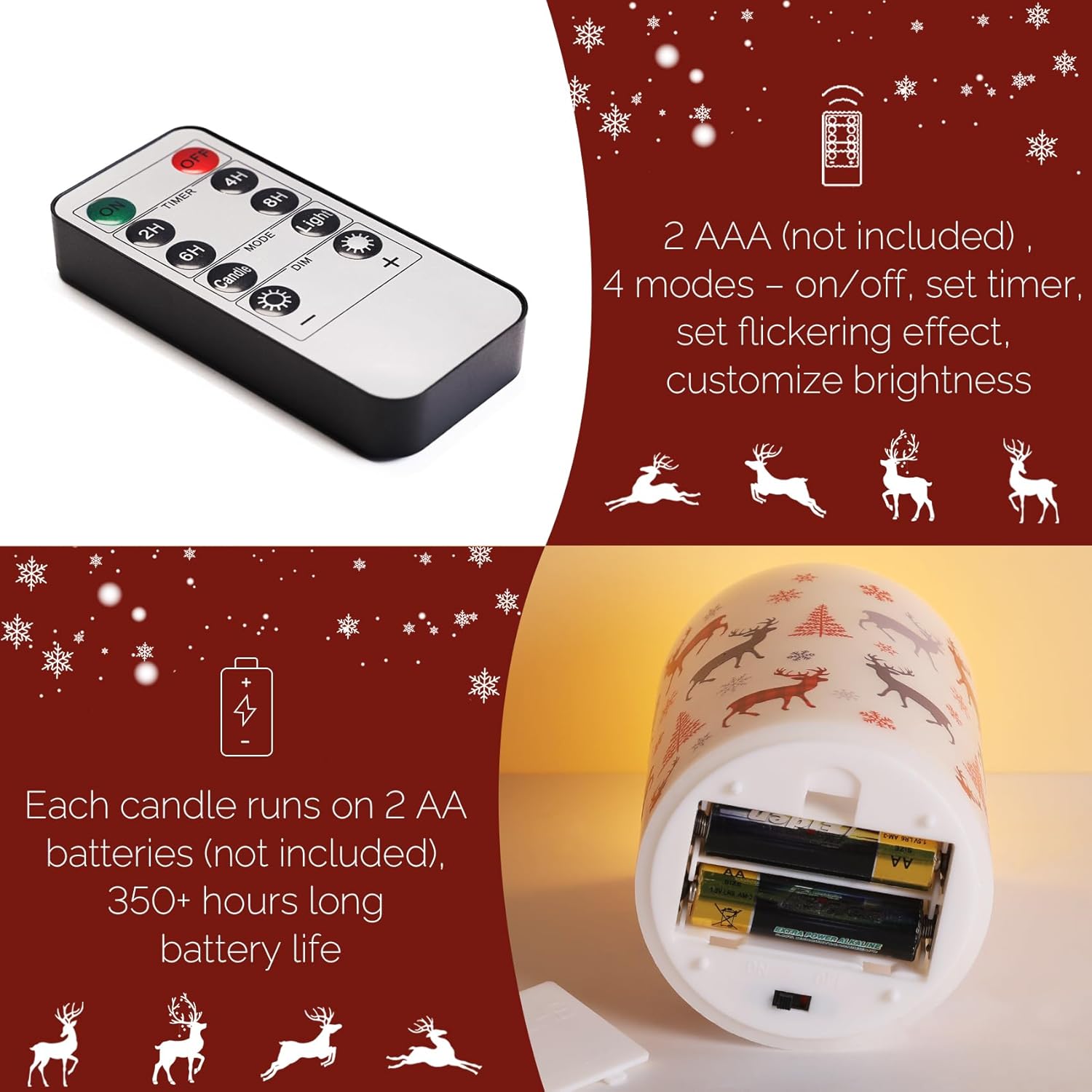 Christmas Flameless Pillar Candles with Remote, Red Buffalo Plaid Reindeer Holiday Decor, Xmas LED Candles Set of 3 - Image 3