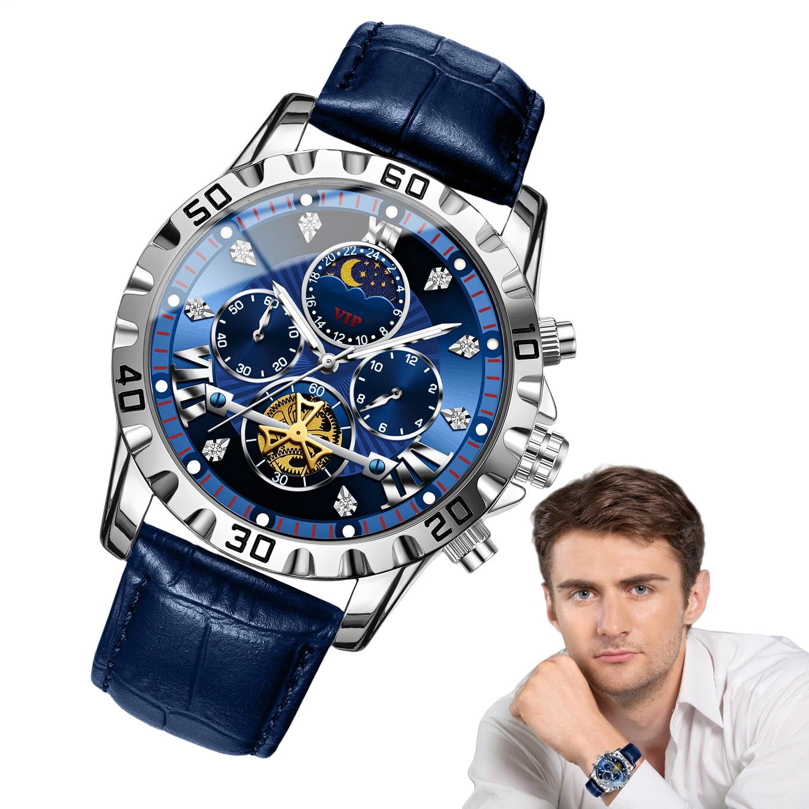 Orologio Meccanico Automatico Da Uomo – Cronografo Sportivo Militare Classico | Quadrante Analogico Luminoso Impermeabile Con Fasi Lunari, Cinturino In Pelle PU Orologio Da Polso Da Lavoro Per Escursi