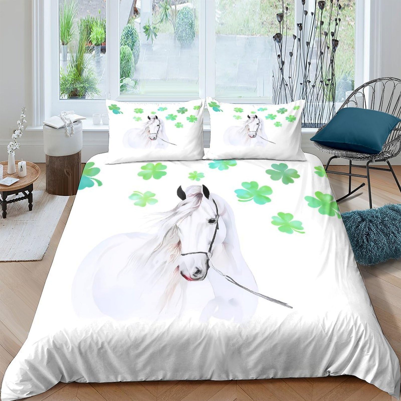 Ctjqhvkz Style-4 3D Printed White Horse Fitted Sheet Microfiber Soft Shamrock Clover Mattress Cover For Bedroom Guest Room Decor Single（135X200cm）