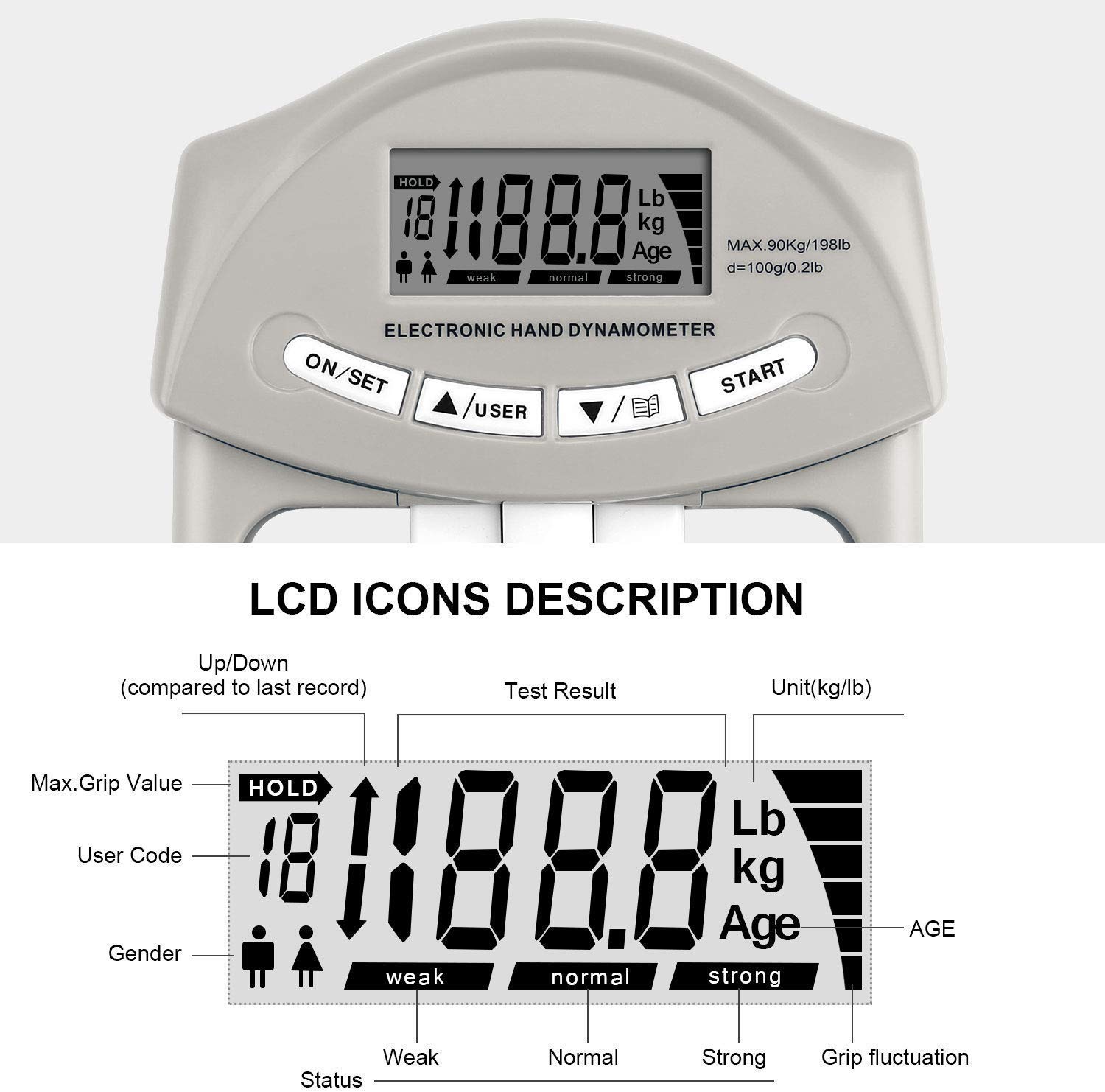 KEEDA Dinamómetro digital de mano, Máx. 90 kg / 198 lb Medidor electrónico de medición de la fuerza de agarre Auto captura de potencia de agarre (Gris)