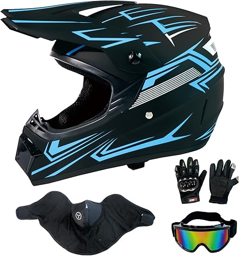 Casco de motocicleta para motocross, motocross, ATV, casco de bicicleta de montaña todoterreno DOT con gafas y guantes, máscara de rayas azules, L