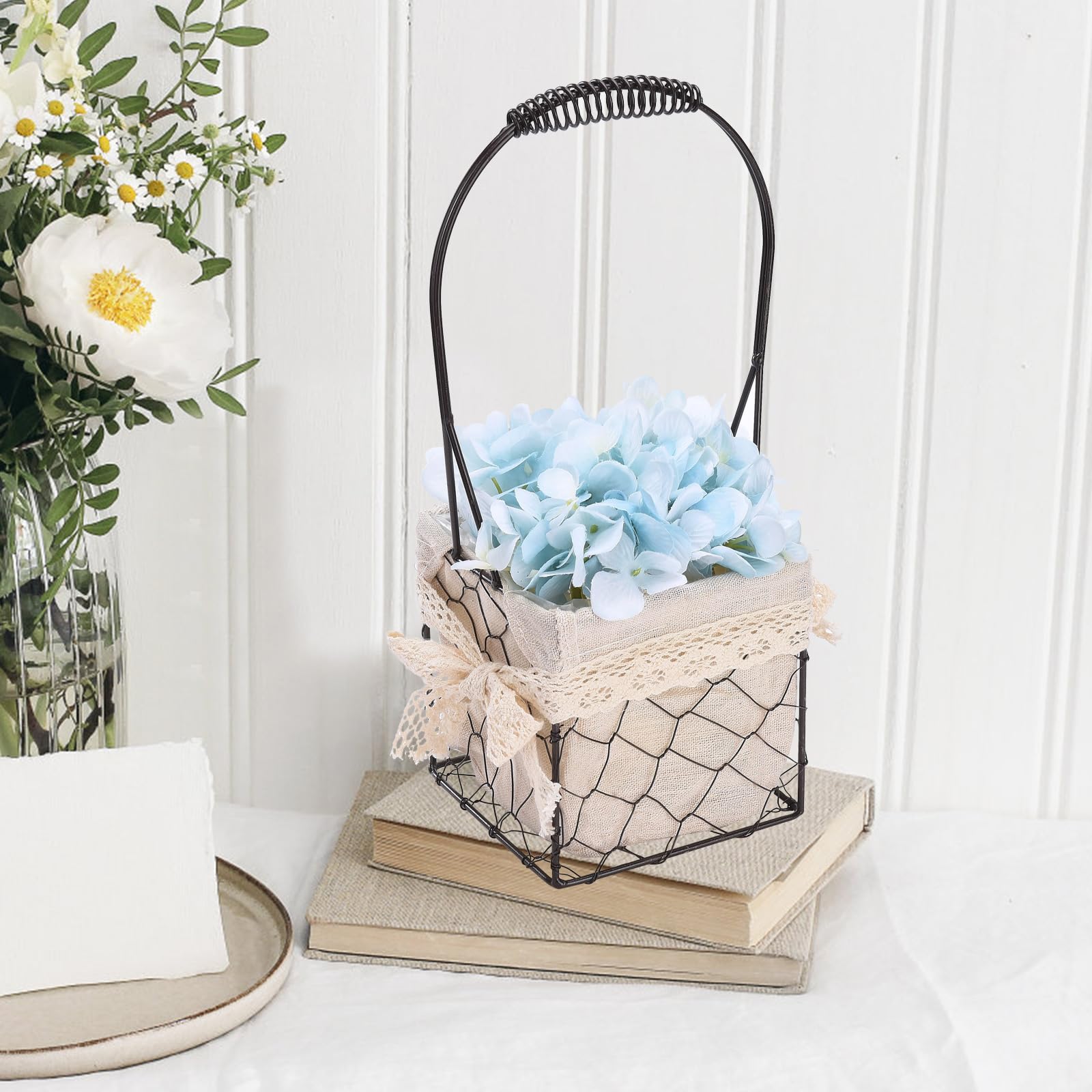 Fofetbfo 2PCS Metal Wire Flower Girl Basket, Metal Geometric Shaped Flower Basket with Handle, Fabric Lining and Bow, Small Vintage Flower Basket for Flower Girl Wedding Ceremony Party (28 x 11 x 11