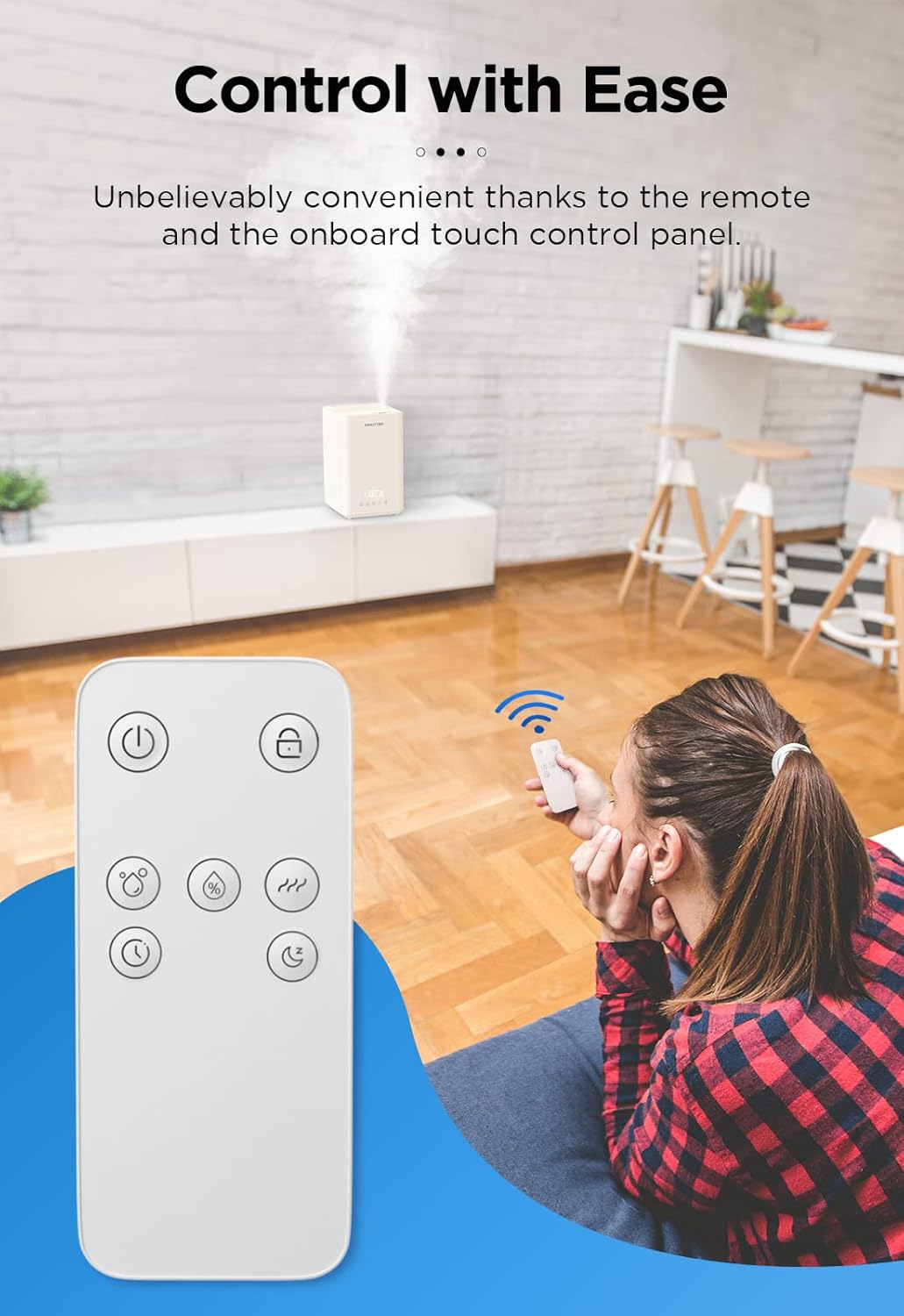 Woman using remote control for Pokitter humidifier