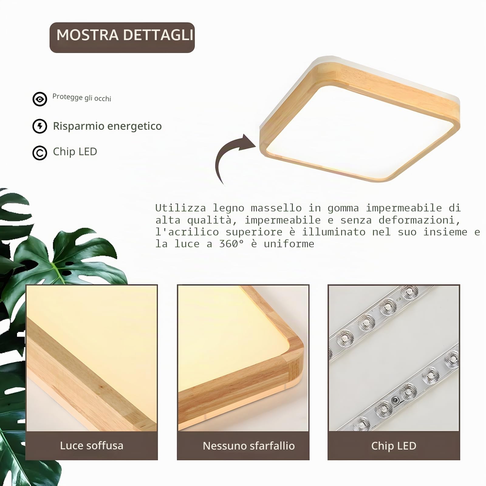 Plafoniera LED In Legno | Ø30cm 3000K 1620Lm 18W | Lampada Soffitto Quadrata In Legno Naturale Con Luce 360°, Camera Letto Soggiorno Cameretta Dei Bambini Cucina Sala Pranzo (Bianco Caldo)