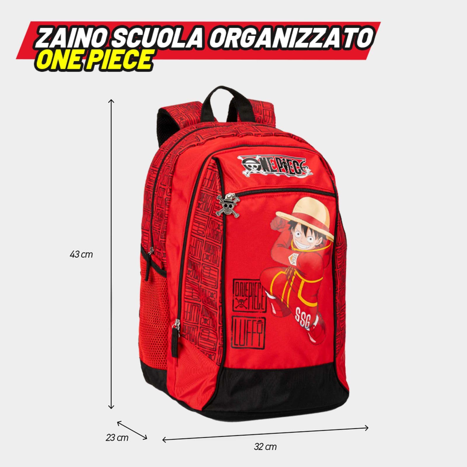 ONE PIECE - Zaino Scuola Ufficiale One Piece, con 2 Ampi Scomparti, Tasca Frontale, 2 Tasche Laterali in Rete, Spallacci Imbottiti, Retro e Fondo Termoformati, Chiusure a Zip, 32x43Hx23cm