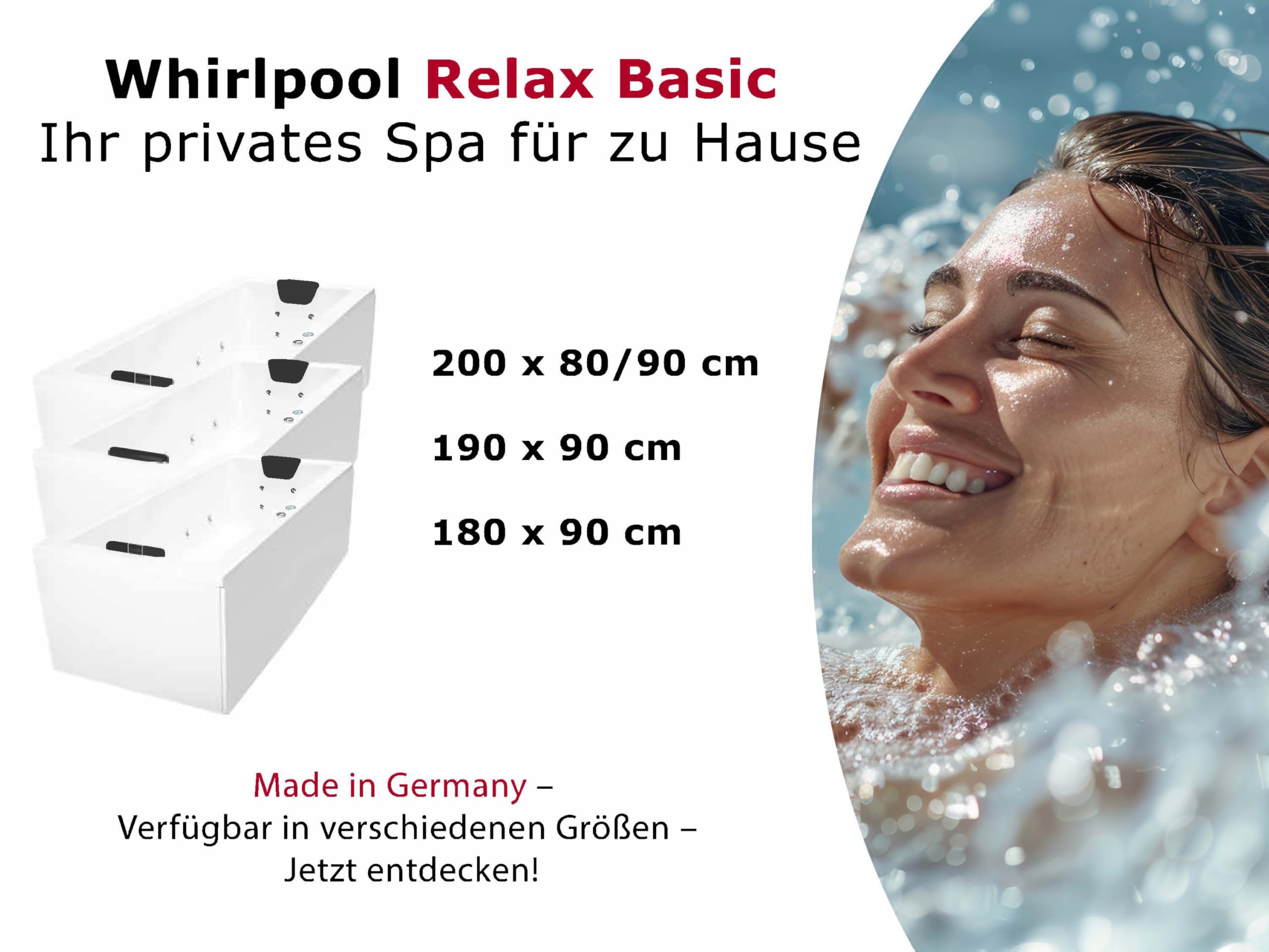 Whirlpool Badewanne Relax Basic – Made in Germany | Eckbadewanne mit 14/16 Massage-Düsen, LED-Beleuchtung & optionalen Armaturen | 180 x 80 cm | Spa-Badewanne für 2 Personen