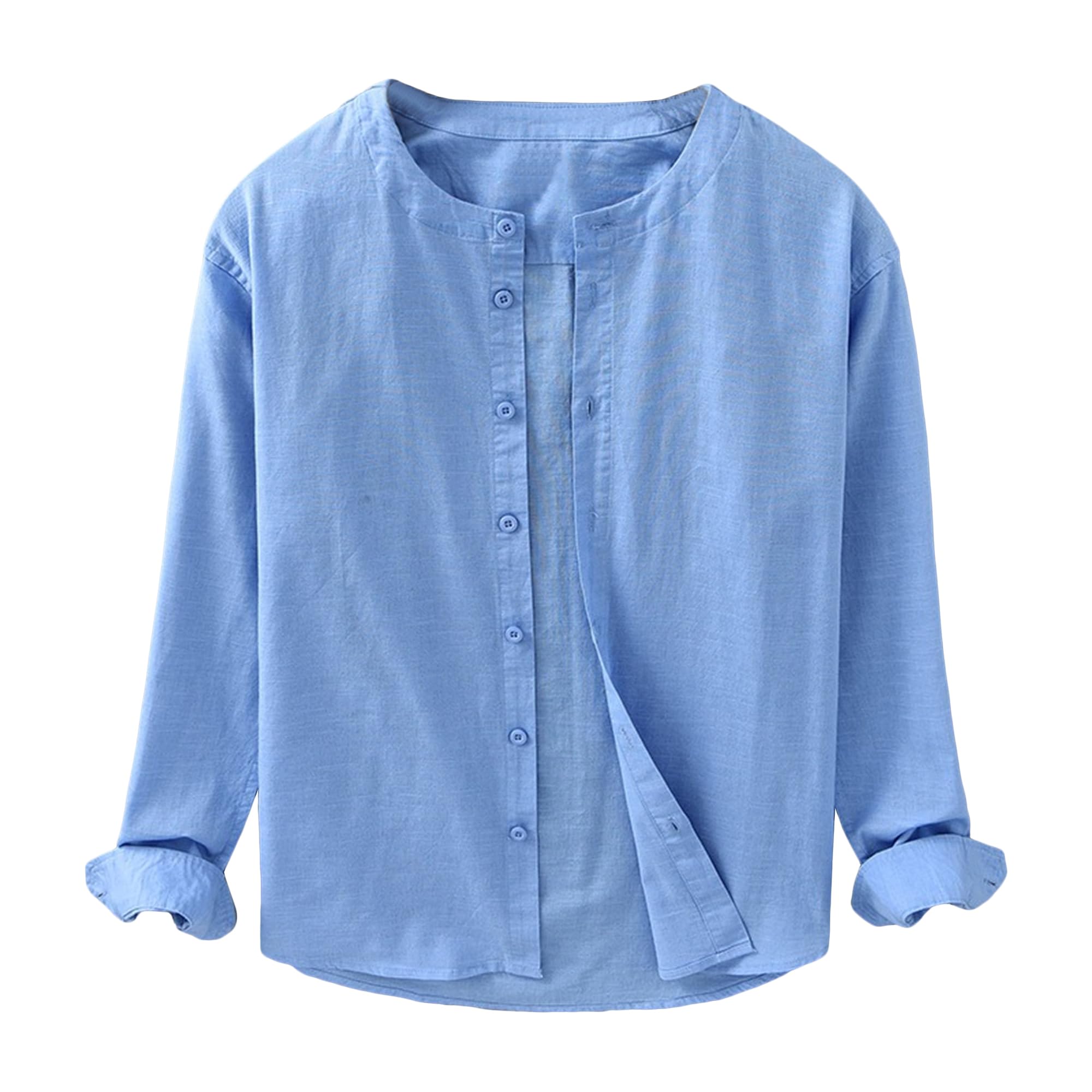 Camicia da uomo retrò a maniche lunghe con bottoni, camicia da esterno girocollo sottile | Colletto a fascia, vestibilità casual, tessuto traspirante, spacchi laterali, polsini arrotolati