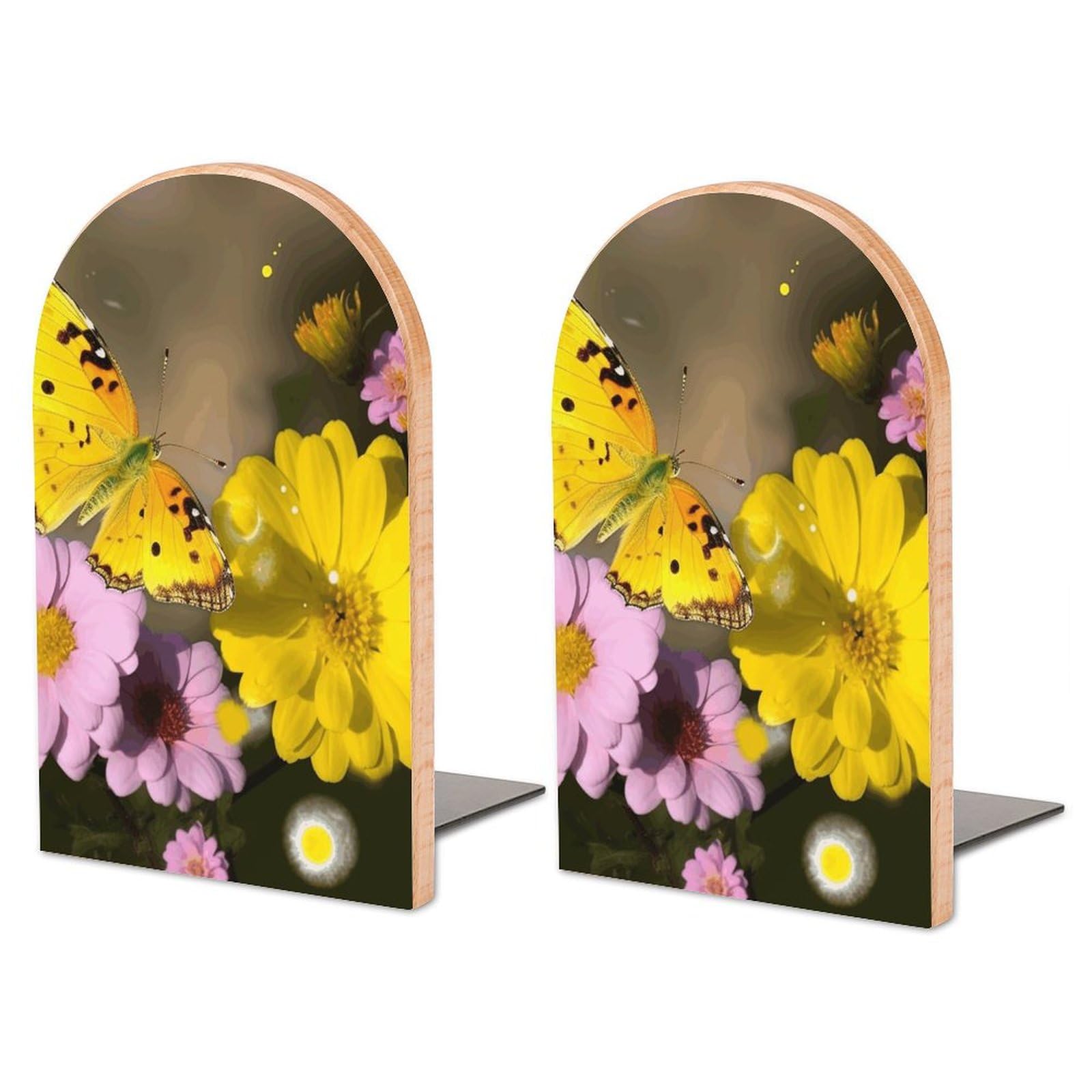 Serre-livres en bois réglable motif fleur et fer avec socle extensible
