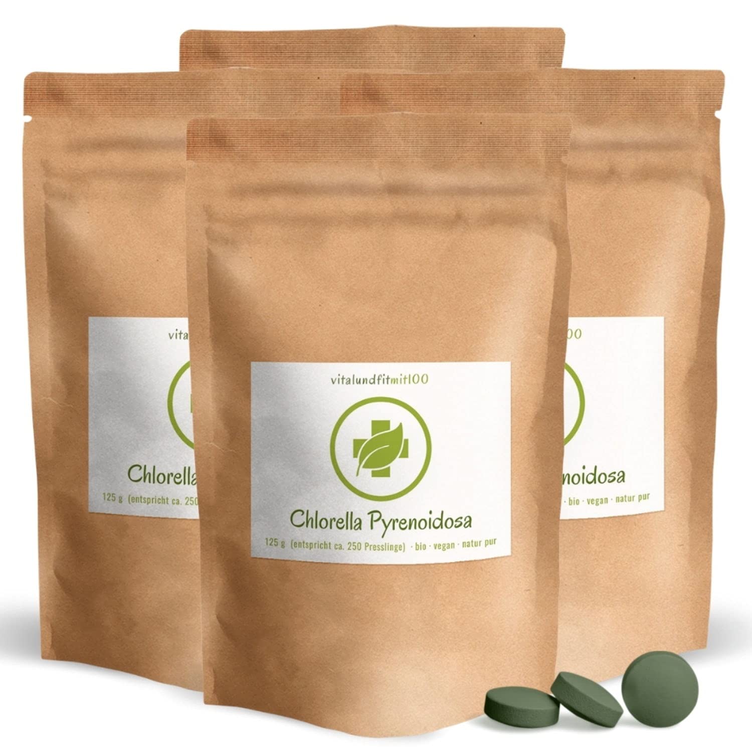 Bio Chlorella Presslinge à 500 mg - (4 x 125 g = ca. 1000 Stück à 500 mg) - Naturprodukt - vegan/rein - gentechnikfrei - ohne Hilfs- und Zusatzstoffe - Deutsche Herstellung