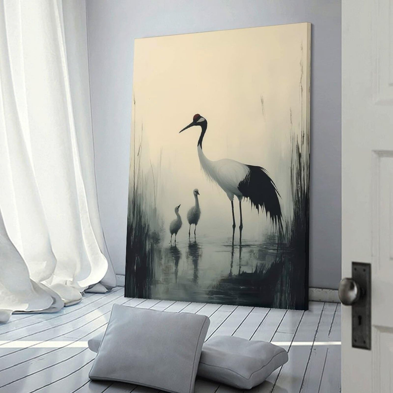 Junmoney Crane Family in Misty Waters Wall Picture Print 12x18inch(30x45cm), for Home Walls, Creative Rooms Or Shared Spaces, Stylish Home Artwork for Focal Walls