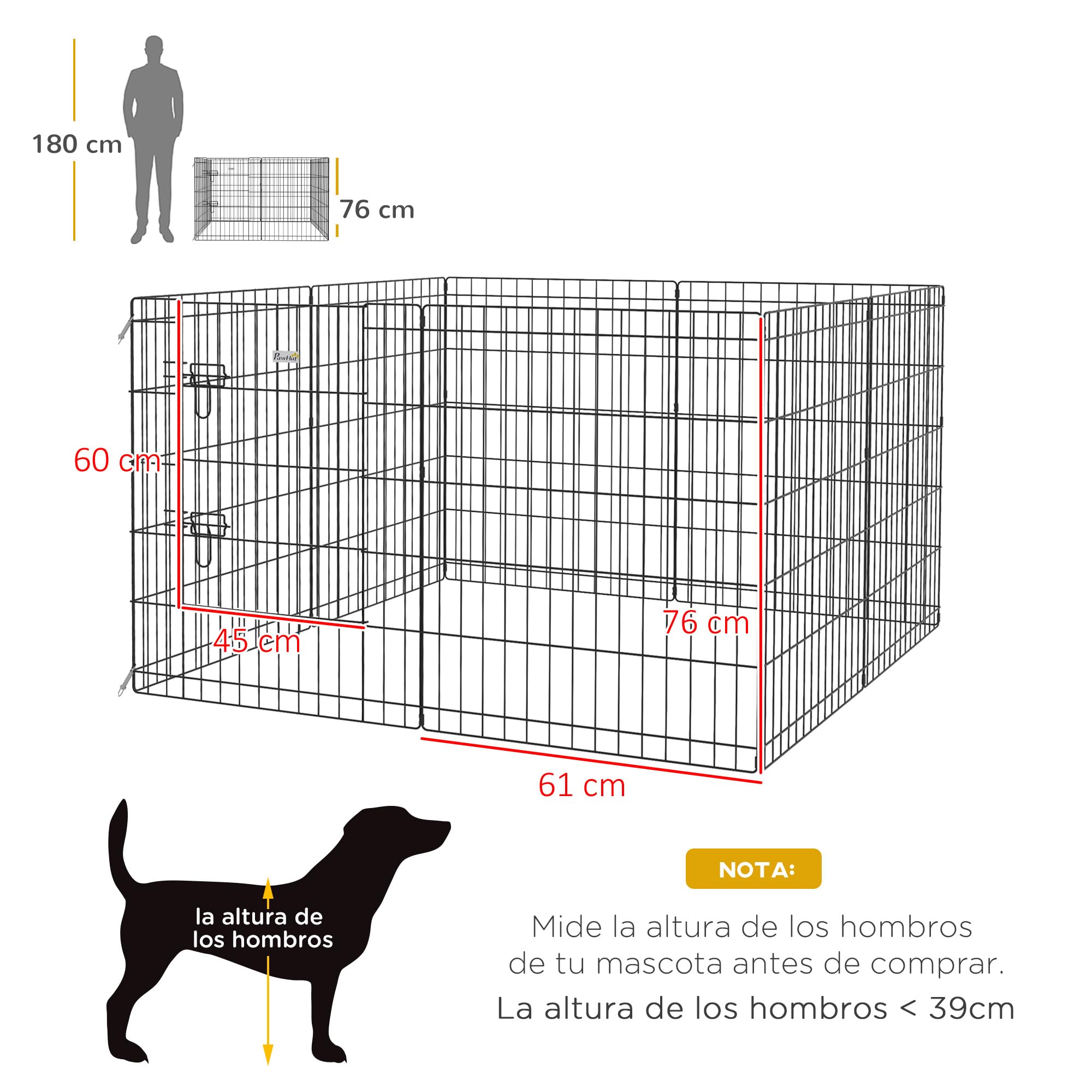 PawHut Parque para Perros de 8 Paneles para Mascotas 76x61 cm Negro | Jaula Metálica, Vallas para Perros Plegables, con Puerta y Doble Cerradura, para Jardín Patio Exterior