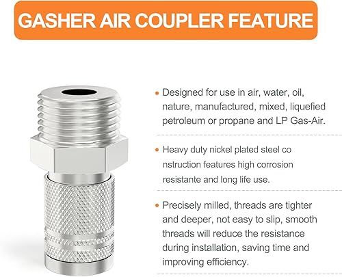 Miniatura 5 de GASHER Acoplador industrial macho de 10 piezas, acoplador de aire de conexión rápida de flujo básico de 14 pulgadas, 10 unidades