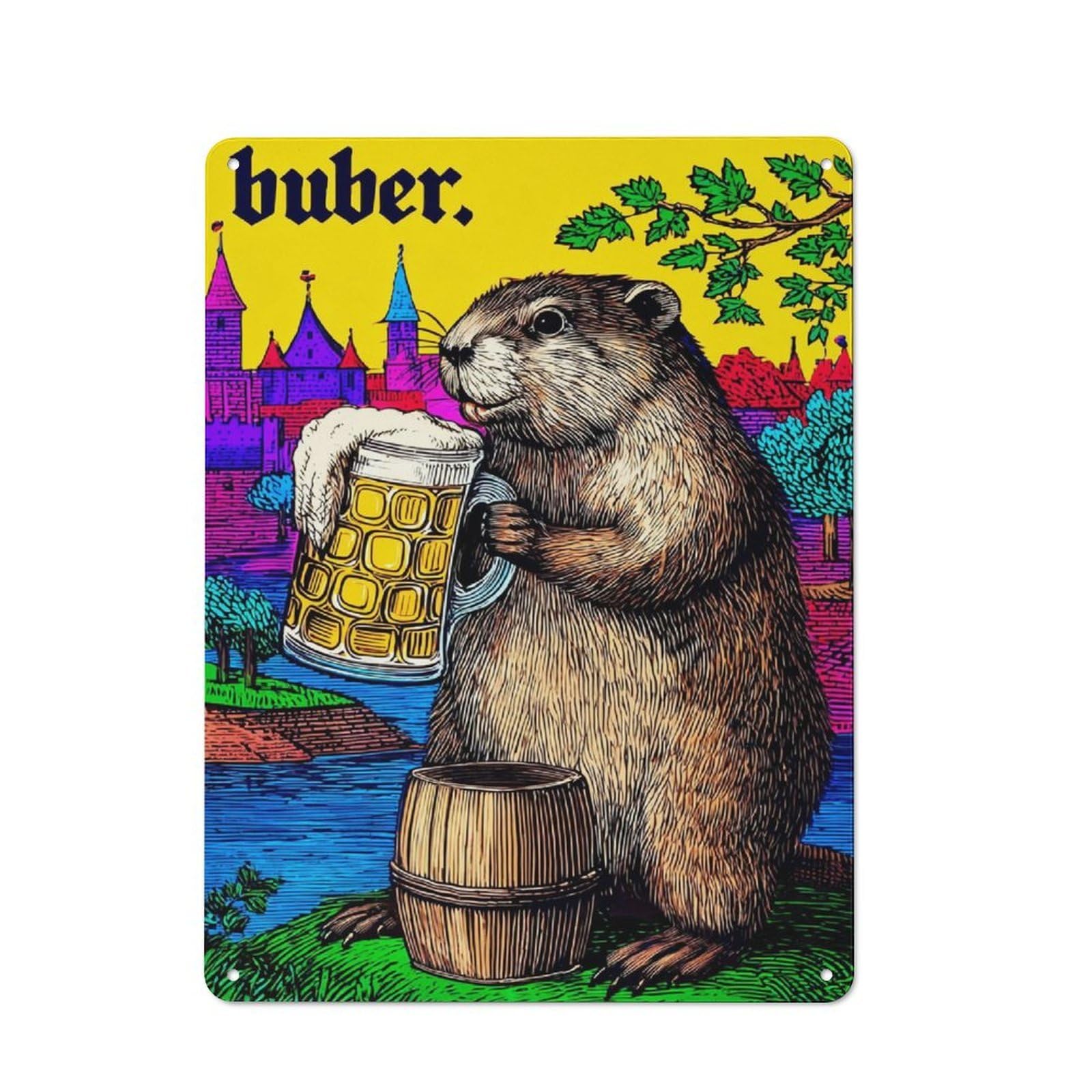 Junmoney Groundhog With Beer Mug-1 Metal Wall Sign 40X30cm Featuring For Café Or Home Bar, A Winter Wall Decor Update For Hospitality Decor Collectors
