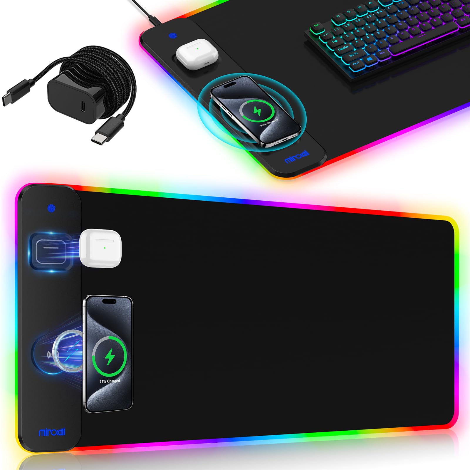 Magnetic Charging Mouse Pad 31.5x15.75, 15W Fast Wireless Charging Desk Mat, XXL Desk Pad RGB Gaming Mousepad, Home Office Large Keyboard Pad with Ultra-Smooth Surface, Non-Slip Base