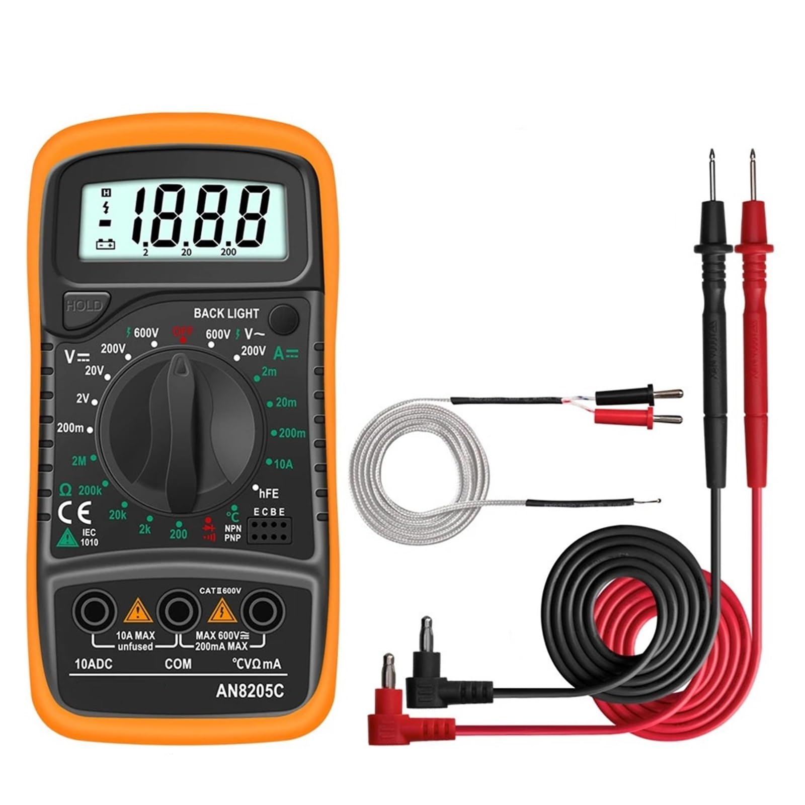AN8205C Digital Multimeter AC/DC Ammeter Volt Ohm Tester Meter Multimetro With Thermocouple Backlight Portable(AN8205C Orange)