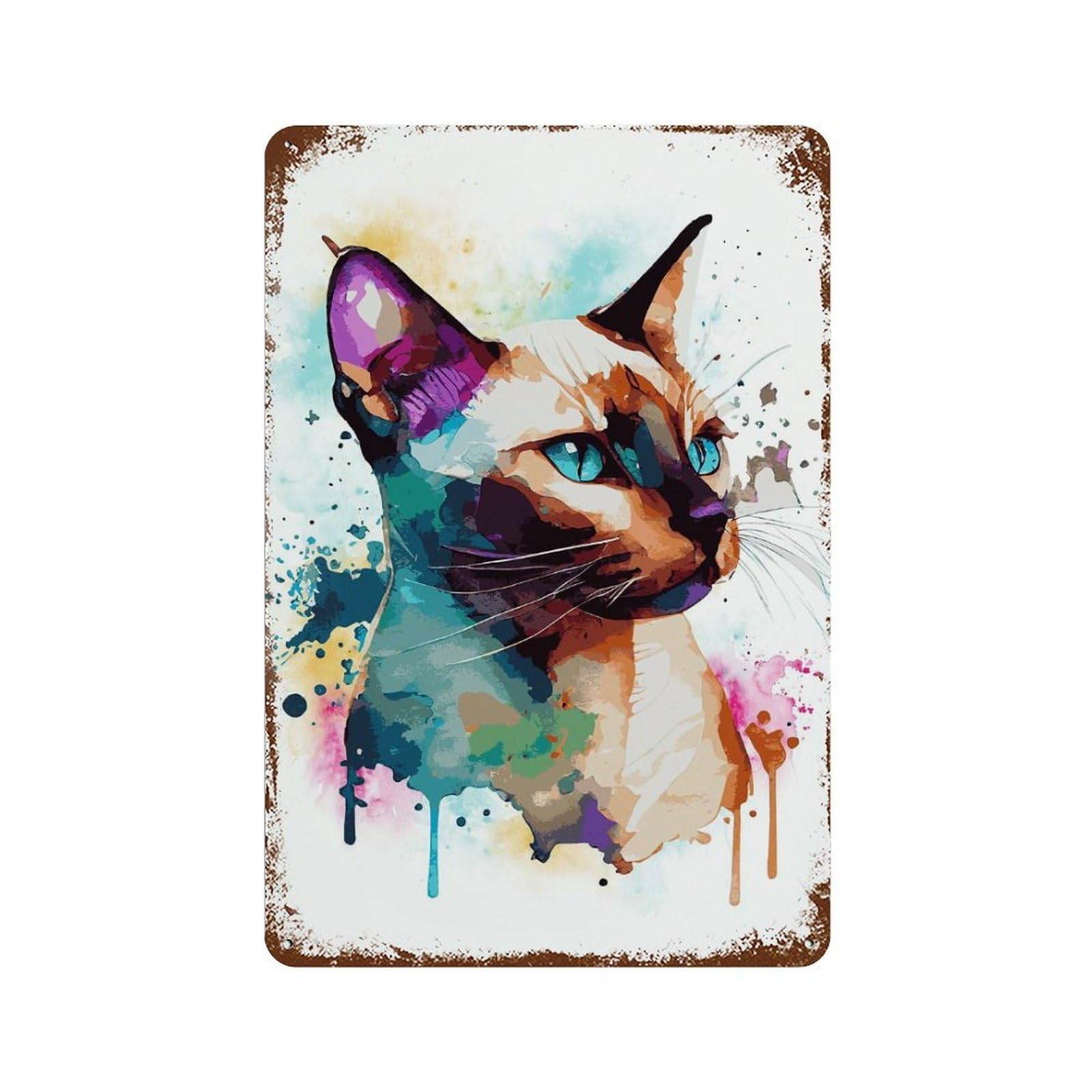 Aged Metal Wall Plaque with Siamese Watercolor Cat Design 11.8"x7.9", for Pub, Kitchen And Man Cave Decor, Shabby Chic Decor