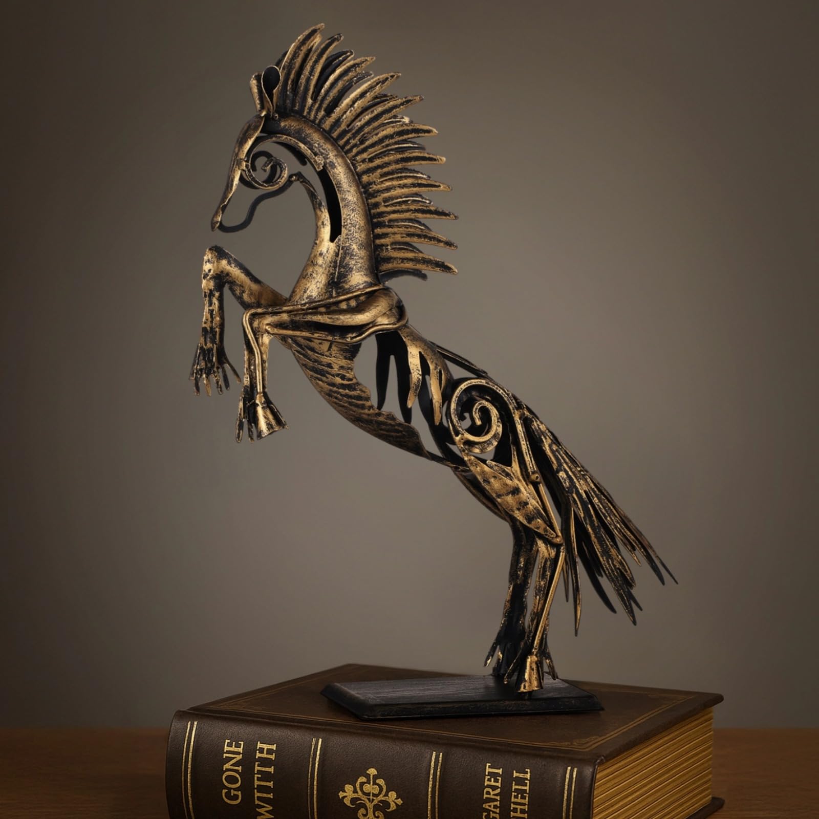Calolin Standing Horse Statue, Metal Horse Figurine for Home Decor, Detailed Sculpted Horse Ornament in Leaping Pose, Vintage Bronze Gold Finish for Tabletop Decor