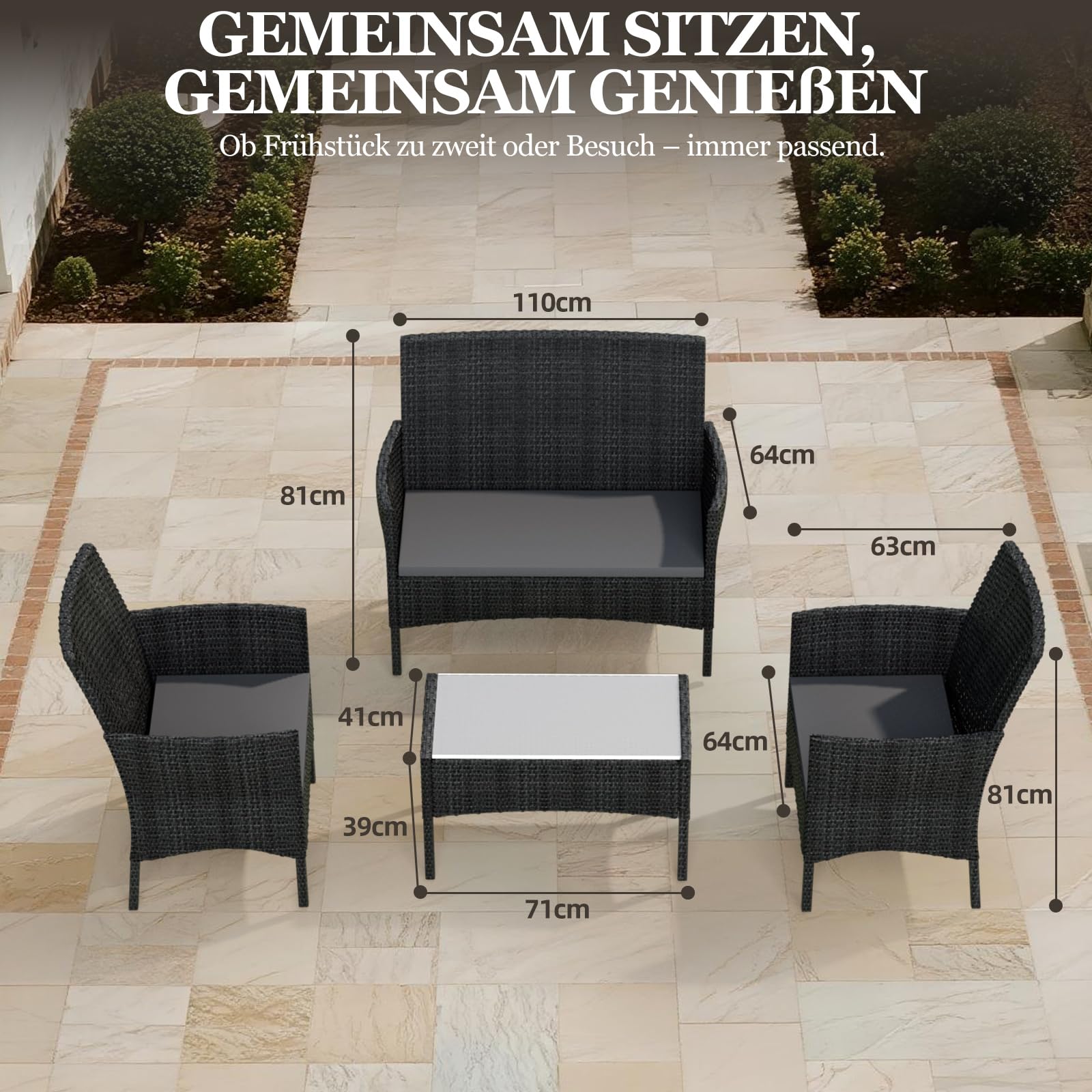 Soontrans 4-TLG. Poly Rattan Gartenmöbel Set mit Auflagen, Balkonmöbel mit 1 x Sitzbank & 2 x Stühle & 1 x Tisch, Frei Kombinierbar, Wetterfest Lounge Möbel Outdoor