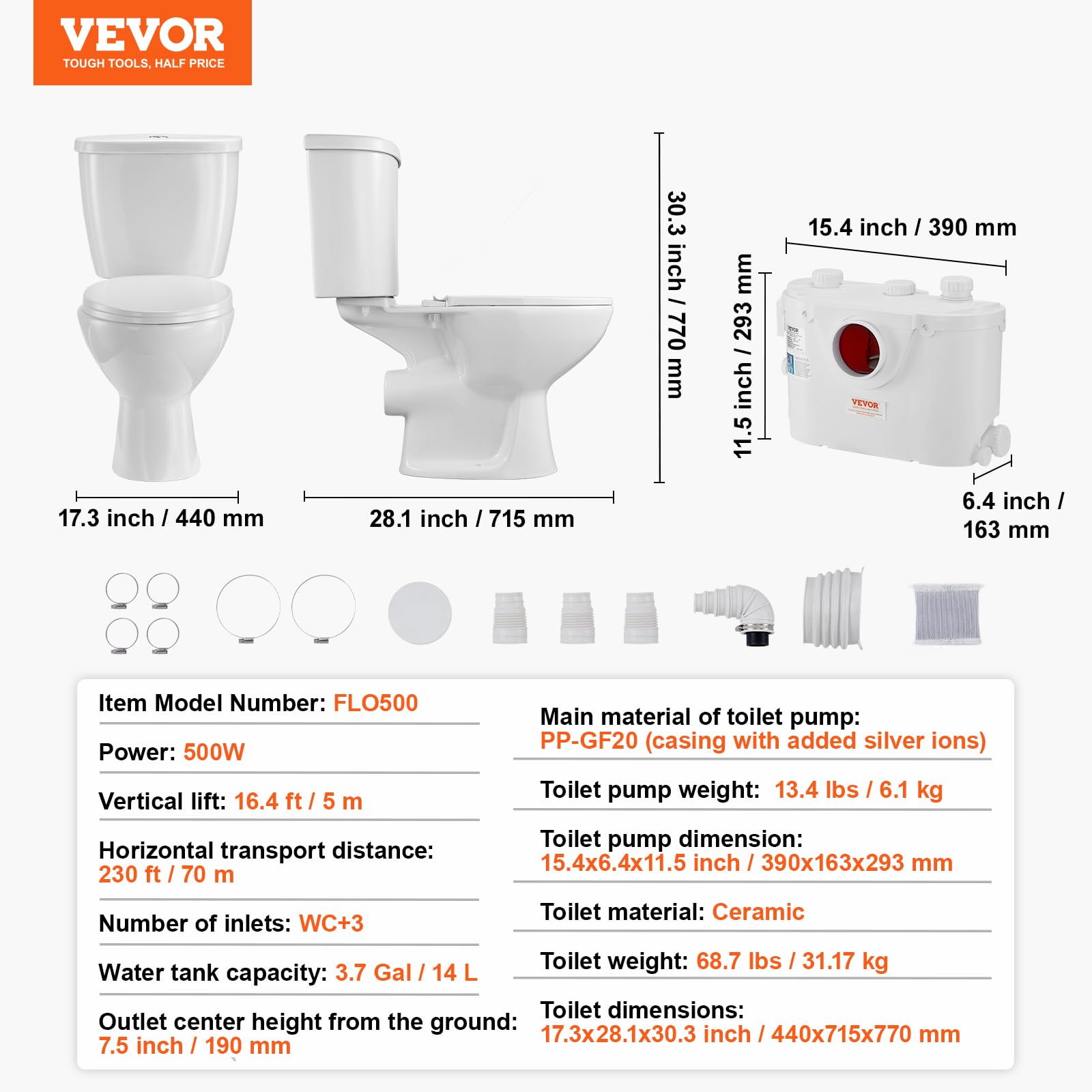 VEVOR Inodoro Sanitario Potente Bomba de Elevación de 500 W Sistema de Inodoro Compacto con Descarga Trasera e Inodoro de Descarga, 3 Entradas, para Eliminación Aguas Residuales, Sótano, Blanco