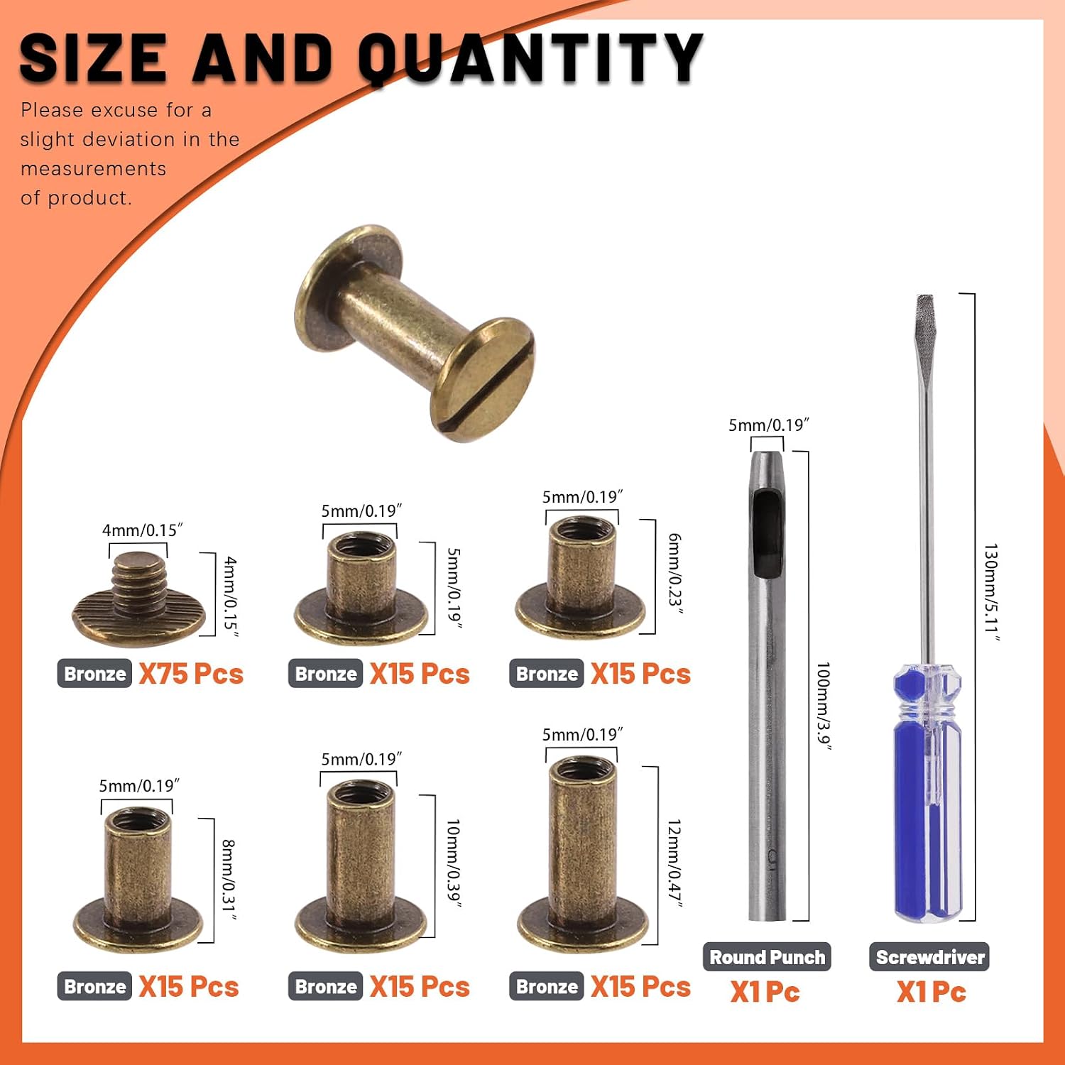 Tanstic 152Pcs(75 Sets) Chicago Screws Assorted Kit, M5 x 5/6/8/10/12mm Flat Head Leather Rivets Chicago Screws Binding Screw Posts Nail Rivet with Install Tool for Leather Crafts (Bronze)