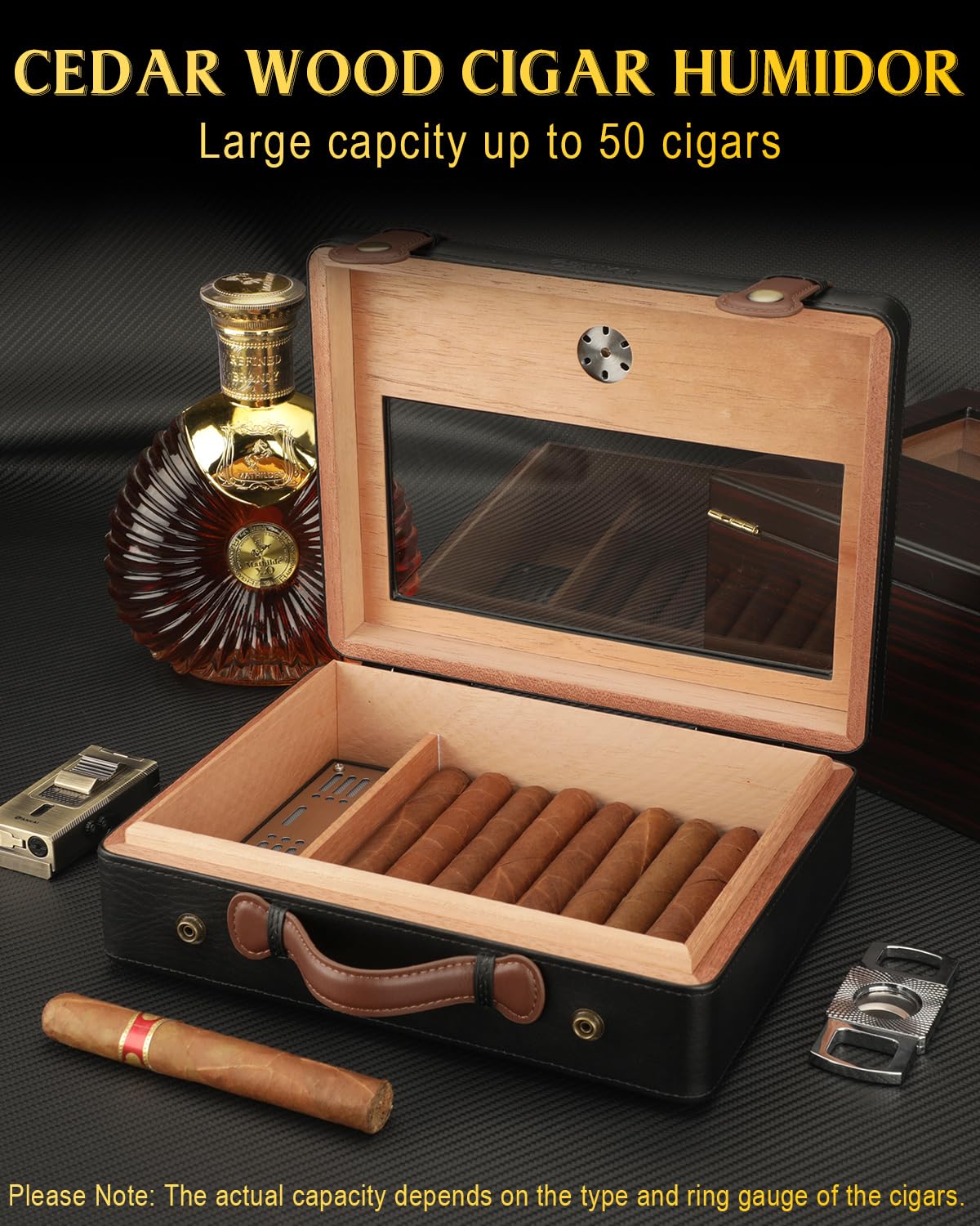 Humidor per Sigari, Scatola Portasigari con Igrometro, Umidificatore e Divisorio, Custodia da Viaggio in Legno di Cedro con Coperchio in Vetro per 30-50 Sigari, Accessori per Sigari da Trasporto