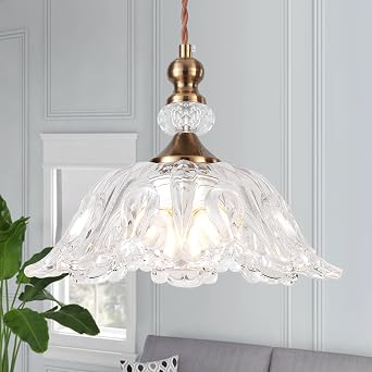 Vintage Small 10.6" Glass Pendant Light Fixtures for Kitchen Island | Farmhouse Brass Gold Adjustable Hanging Ceiling Light for Bedroom Coffee Shop Dining Room Sink Table