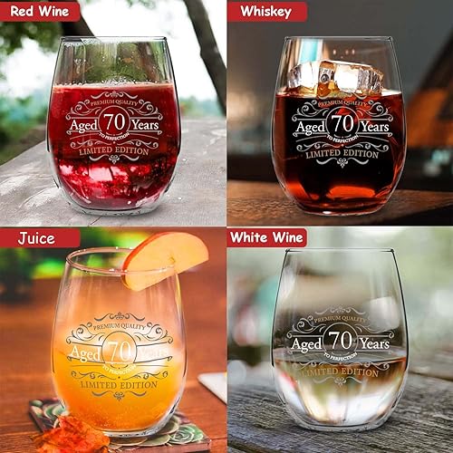 Miniatura 6 de DU VINO Copa de vino sin tallo de 70 cumpleaños de edición vintage (15 onzas), regalo de feliz cumpleaños para él o ella