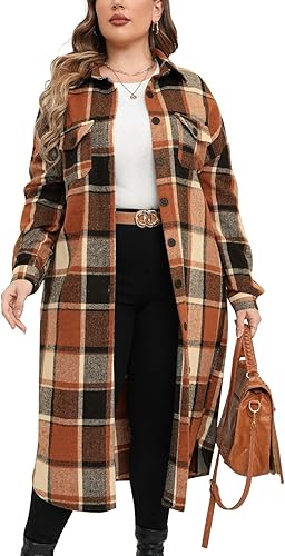 ZOMVA 2025 Women's 0X-5X Plus Size Long Flannel Plaid Shacket Jacket Oversized Button Down Coats Shirts with Pockets