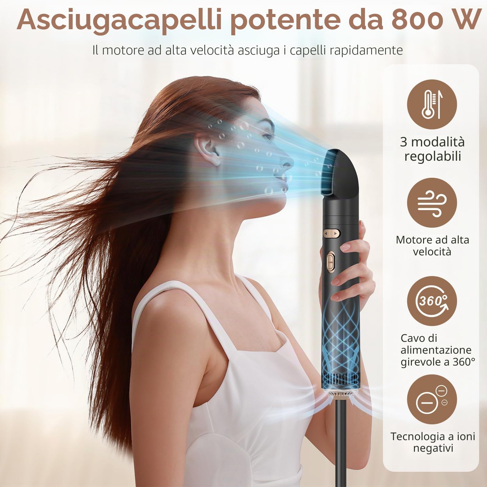 Spazzola Asciugacapelli, Spazzola Ad Aria Calda 800W, Spazzola Rotante per Capelli, 3 in 1 Phon Capelli Ionica, 2 Temperature/2 Velocità, Arricciacapelli per Ricci Volumizzante Lisciante