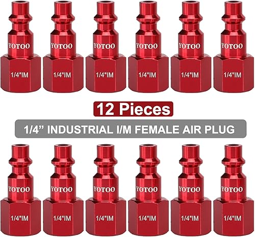 Miniatura 2 de YOTOO Juego de enchufes de aire industriales tipo I/M de 12 piezas con roscas hembra NPT de 1/4 pulgadas, accesorios de aire de aluminio Rojo