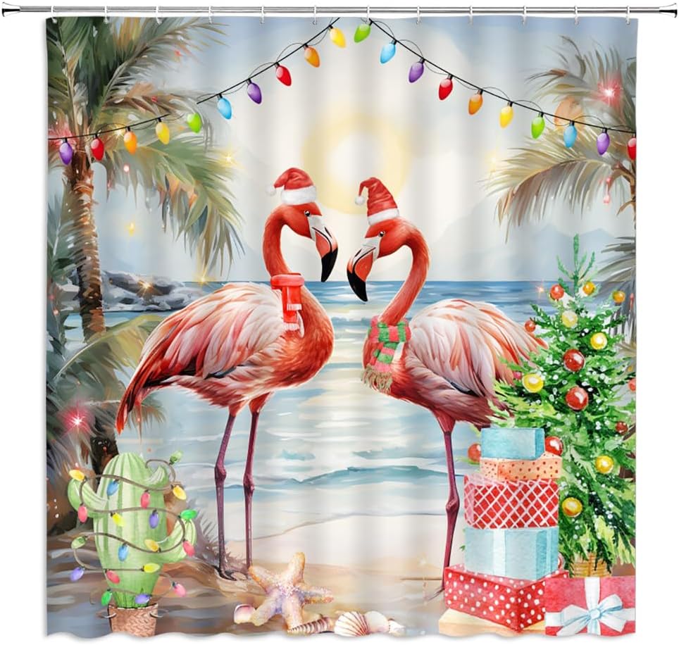 Merry Christmas Shower Curtain Pink Flamingo Tropical Ocean Beach Palm Xmas Tree Colorful Balls Happy New Year Party Bathroom Decor Curtains Polyester with Hooks