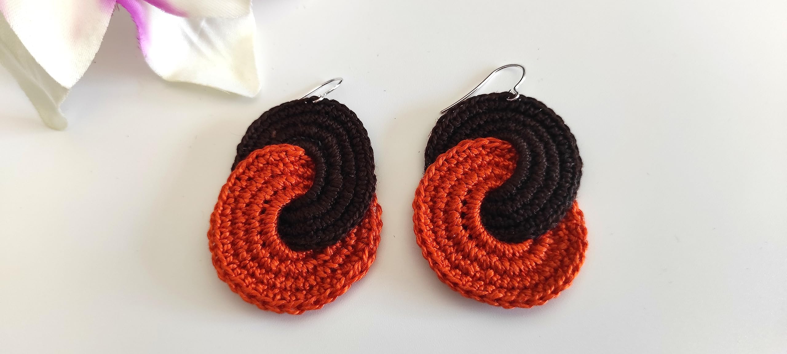 Pendientes Tejidos a Ganchillo Crochet Mujer Naranja y Marrón