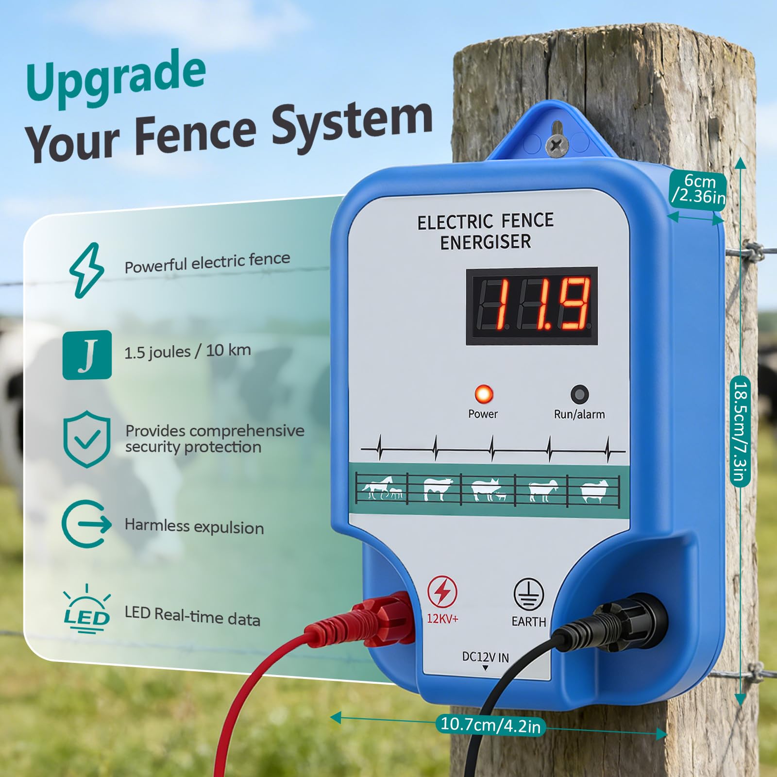 15KM Pastor Electrico 12V, 2.0J de Alta Potencia Pastor Electrico Bateria para Ganado y Animales Cerca Con Pantalla Led Alcance, Para La Protección De Ganado Ovejas Aves De Corral Pastos Jardines