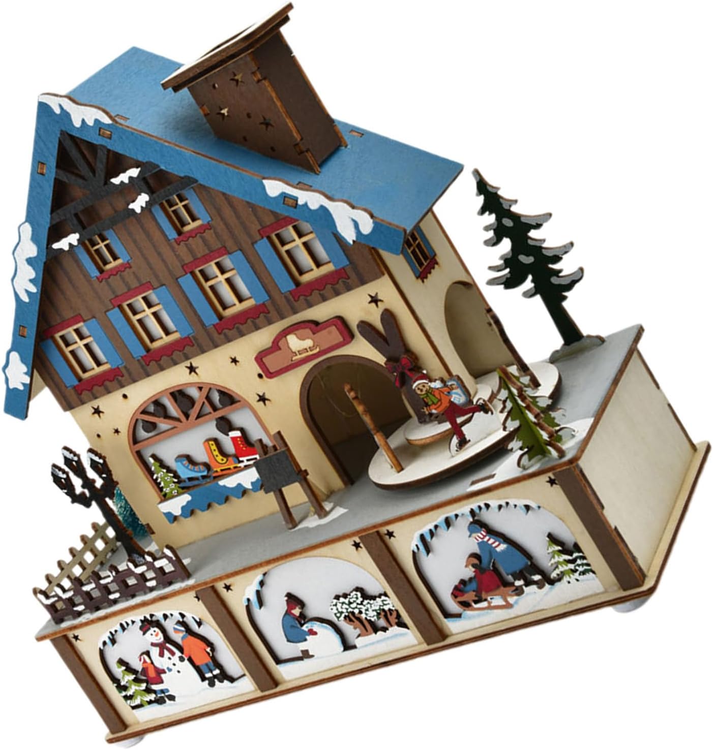 GALPADA Blue Wooden Christmas House with LED Lights Intricate Design Miniature Christmas Village Decoration for Indoor Festive Setting Winter Holidays Centerpiece