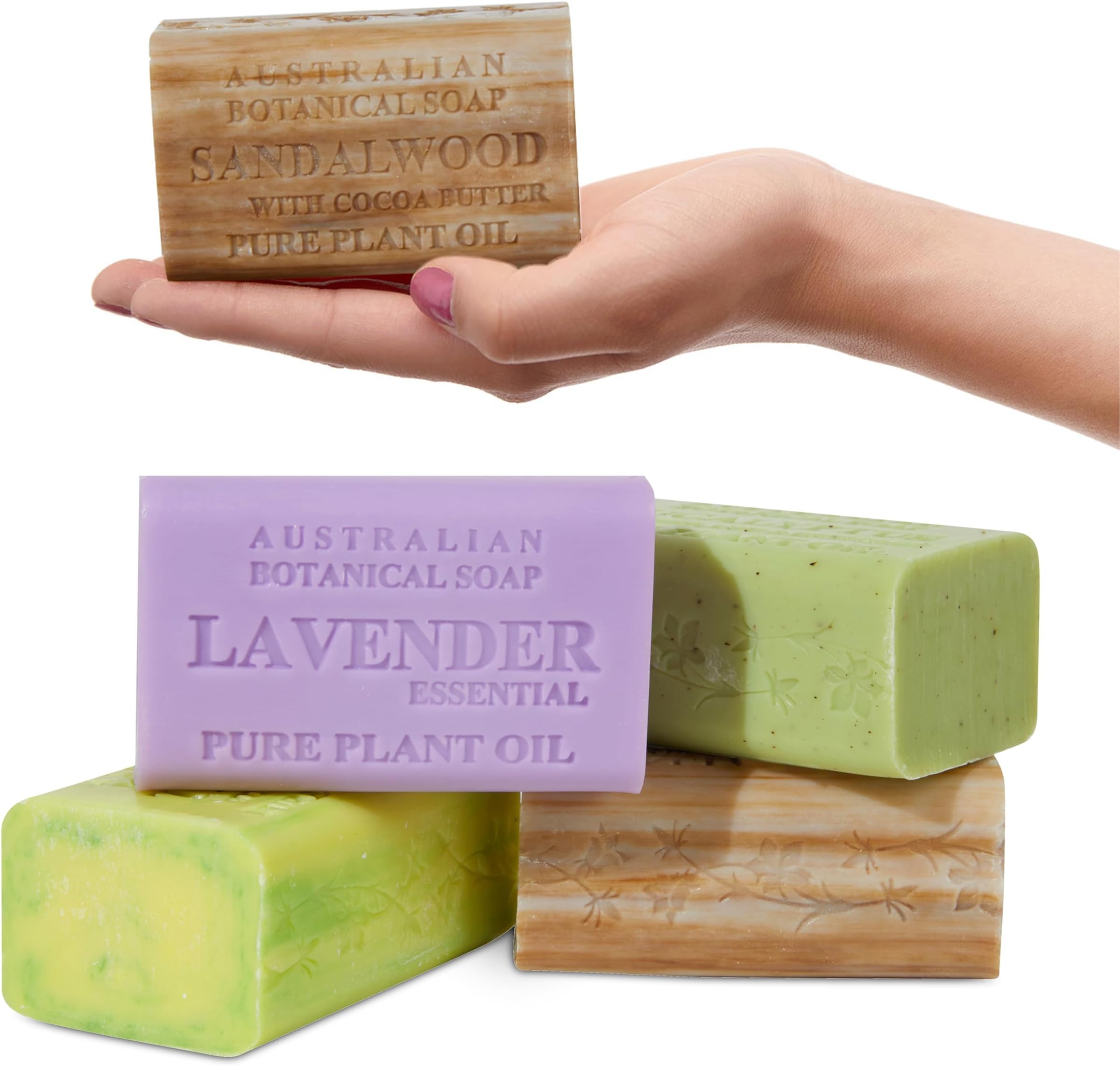 Australian Botanical Soap Essential Medley 4 Bar Variety Pack – Eucalyptus, Sandalwood, Lavender & Tea Tree, Triple Milled 6.6 oz Bars with Shea Butter