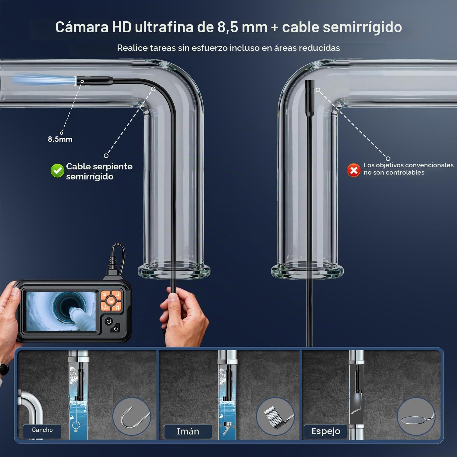 SKYBASIC Endoscopio Cámara de Inspección, 4.3" IPS 1080P HD Cámara de Inspección Boroscopio con 8 LED, Camara Inspeccion Tuberias Impermeable IP67, para Automóviles, Paredes y Desagües（20M）