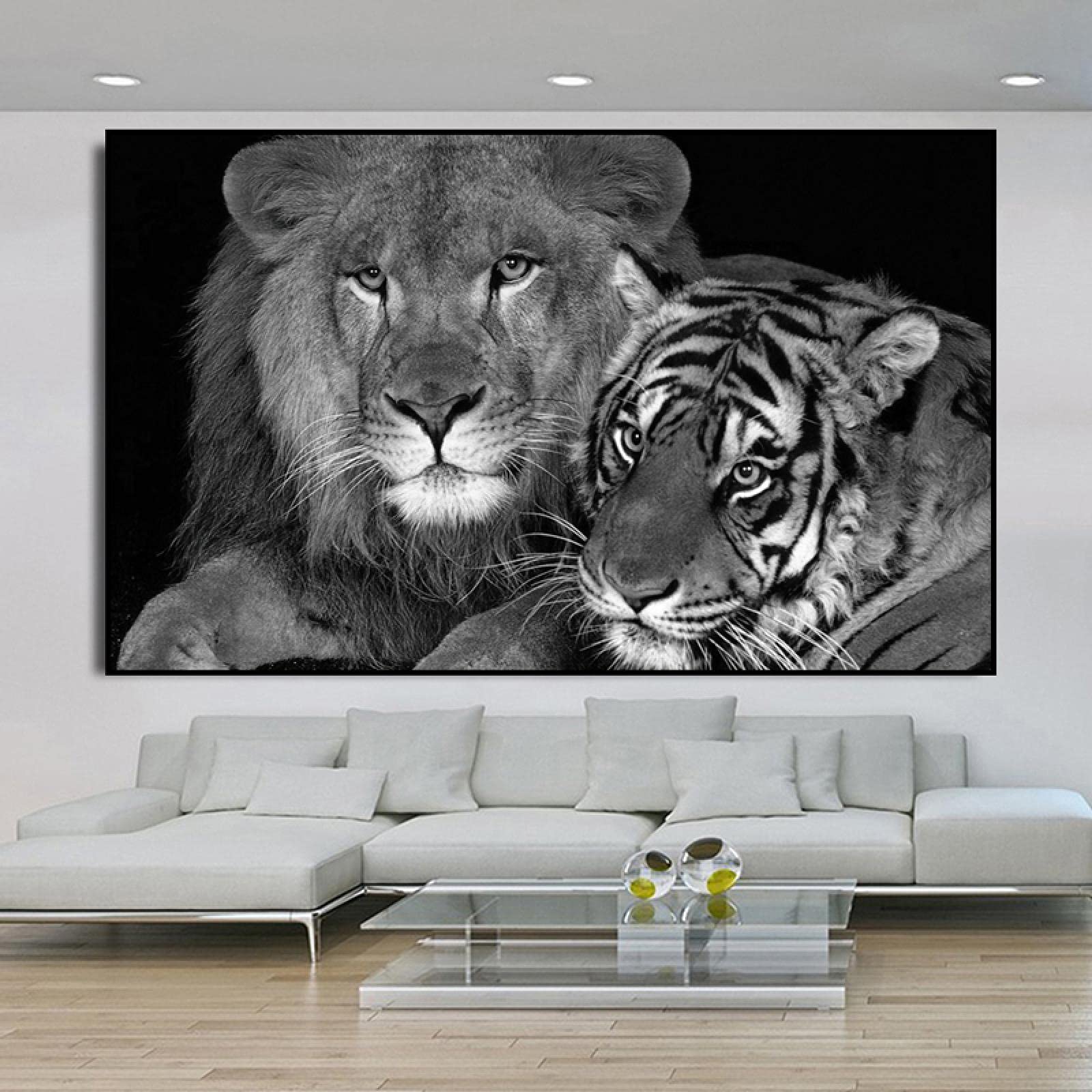 Yooyu Animales Arte de Pared Blanco y Negro León Tigre imágenes Lienzo Pintura Carteles e Impresiones póster decoración Moderna para el hogar 70x105cm sin Marco