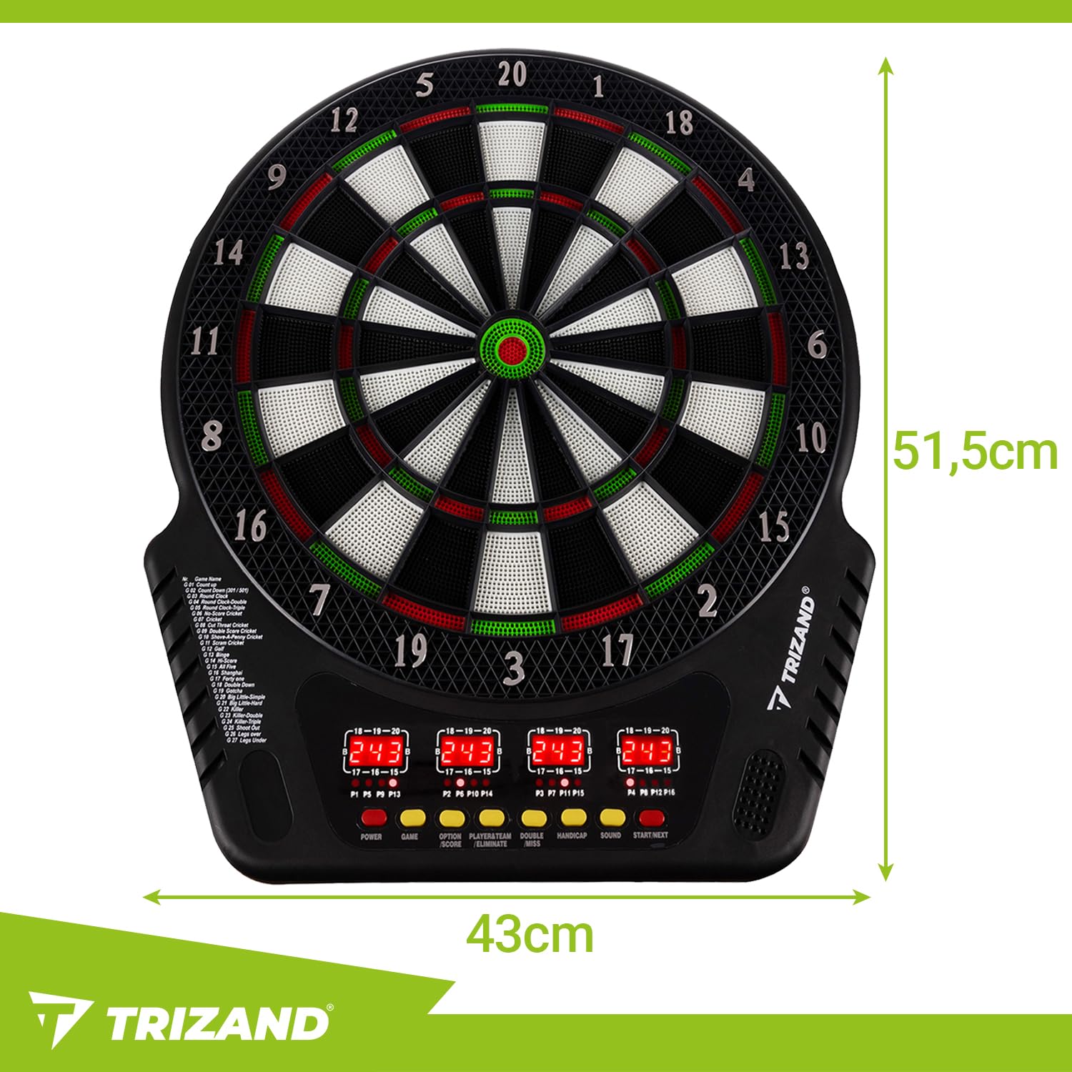 Diana electrónica TRIZAND – 27 juegos, 243 modos – 1 – 16 jugadores – 4 pantallas LCD – Volumen 8 niveles – Juego de puntas suaves: 6 dardos + 24 puntas de repuesto – Red y pilas – Montaje en pared