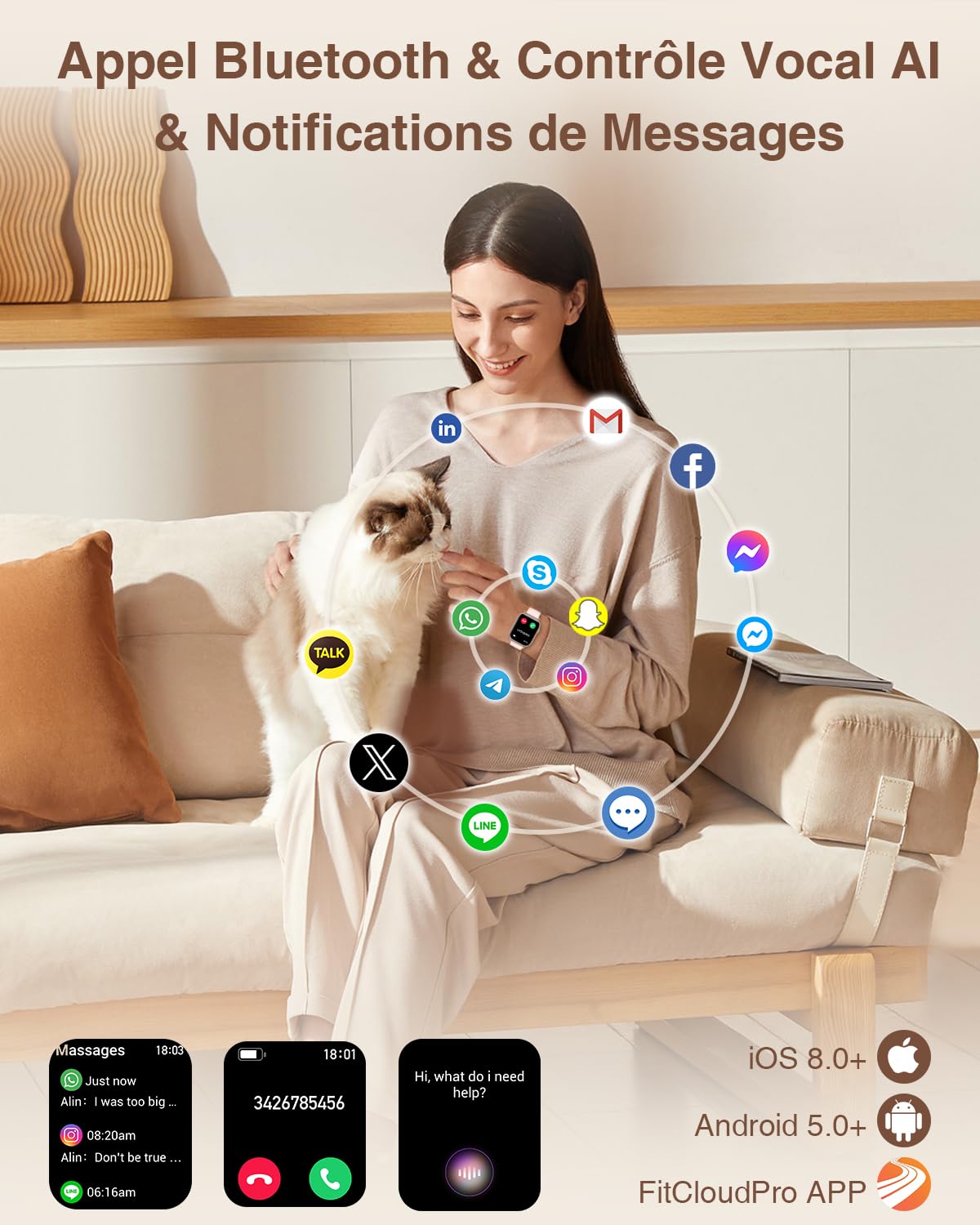 Montre Connectée Femme avec Appel Bluetooth 4 Bracelets 1.83" HD Smartwatch Femme avec Fréquence Cardiaque Sommeil Féminine 110+ Modes Sportifs Podomètre Tracker d'activité pour Android iOS, Or rose