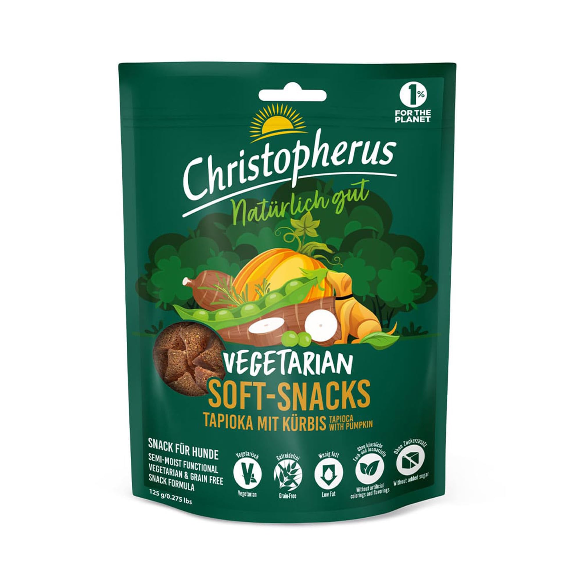 Christopherus Vegetarischer Soft Snack für ausgewachsene Hunde, Leckerli für Hunde, Tapioka + Kürbis, 125 g