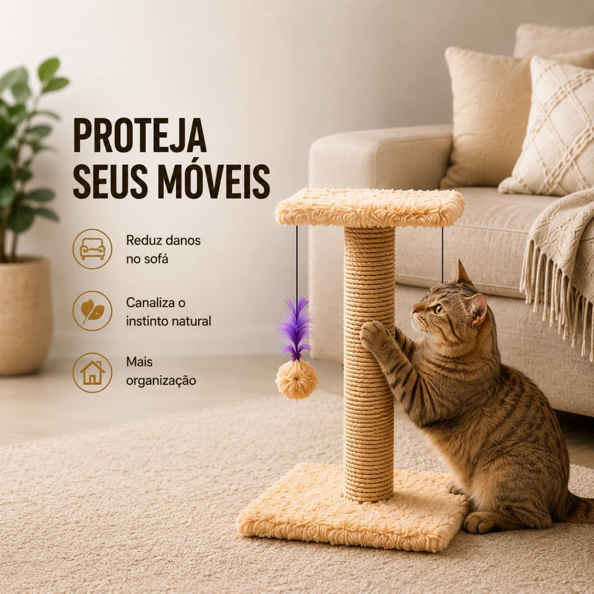 Arranhador para Gatos com Poste de Sisal, Duas Bases de Pelúcia, Bolinhas e Penas Suspensas, 38x28x28 cm Arranhador para Gatos com Poste de Sisal, Duas Bases de Pelúcia, Bolinhas e Penas Suspensas, 38x28x28 cm