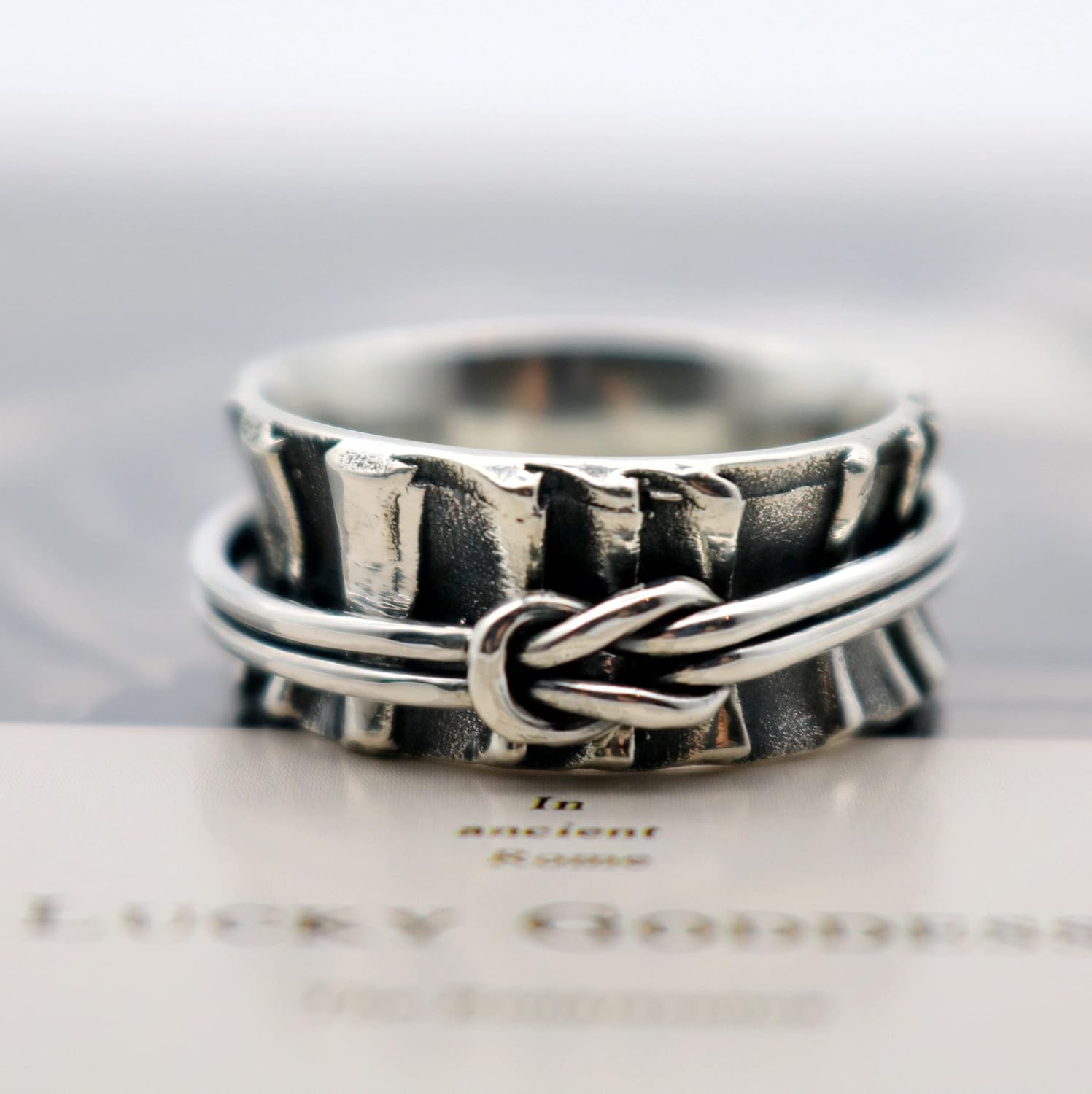 ENERGY STONE 925 Sterling Silver Fidget Ring | Spinner Ring for Women | Connected Knot | Pleated Fabric Pattern Base | Double-wire knotted Spinner | Handcrafted Artistry | Comfort Fit | Sizes 7-11