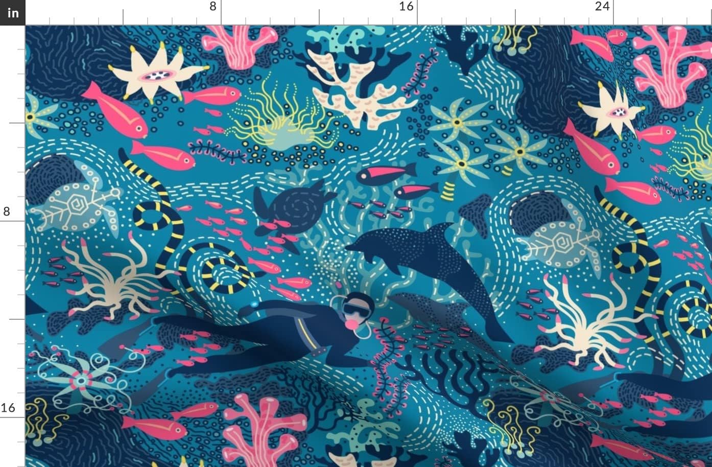 Spoonflower Fabric - Teal Dolphin Tropical Fish Sea Turtle Hot Pink Ocean Coral Reef Printed on Organic Cotton Sateen Fabric by The Yard - Sewing Quilting Apparel Home Decor