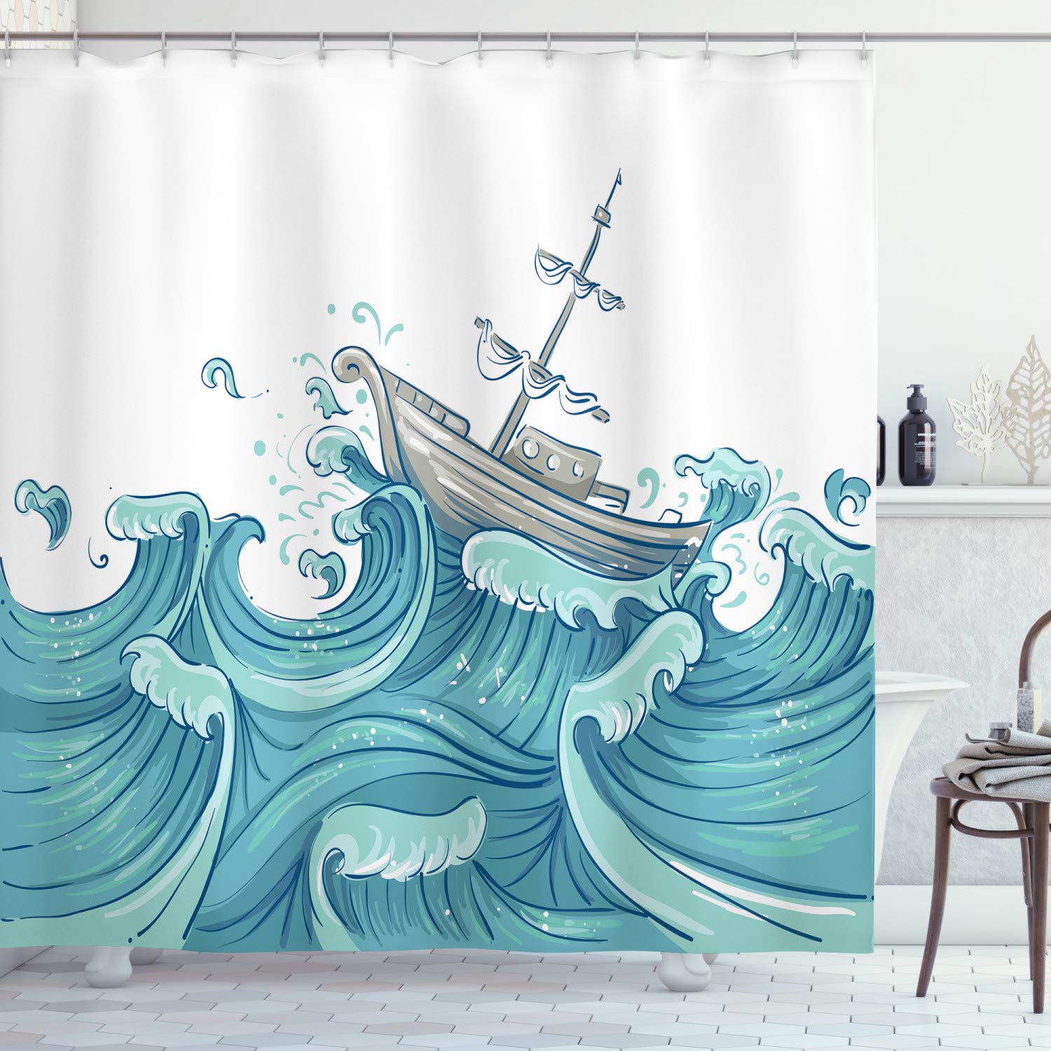 ABAKUHAUS Nautical Shower Curtain, Ship Being Tossed by Giant Ocean Waves Aquatic Old Vessel Sea Journey Illustration