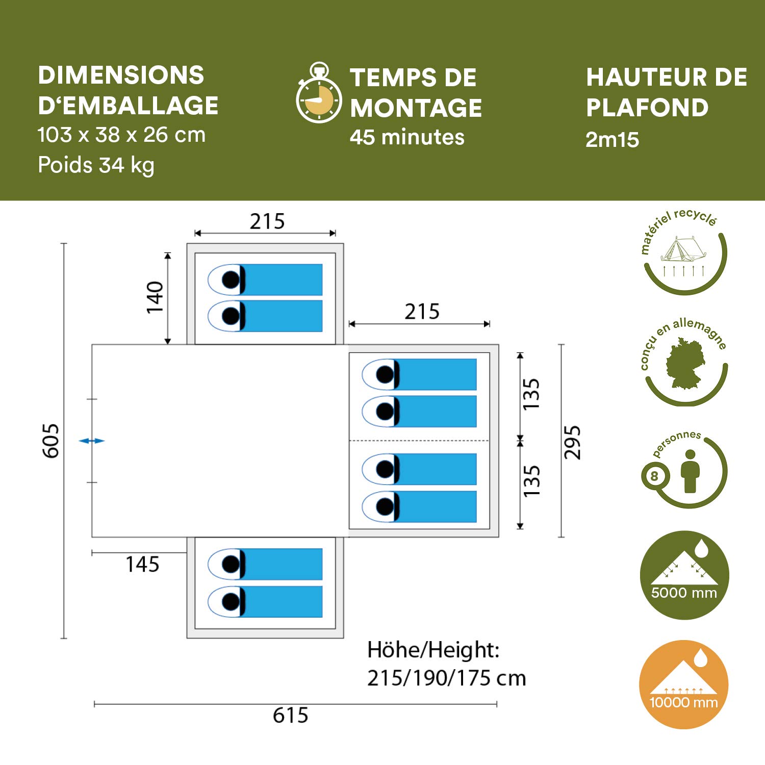 SKANDIKA Nimbus 8 Tente de Camping Tunnel familiale pour 8 Personnes Bleu 615 x 605 cm
