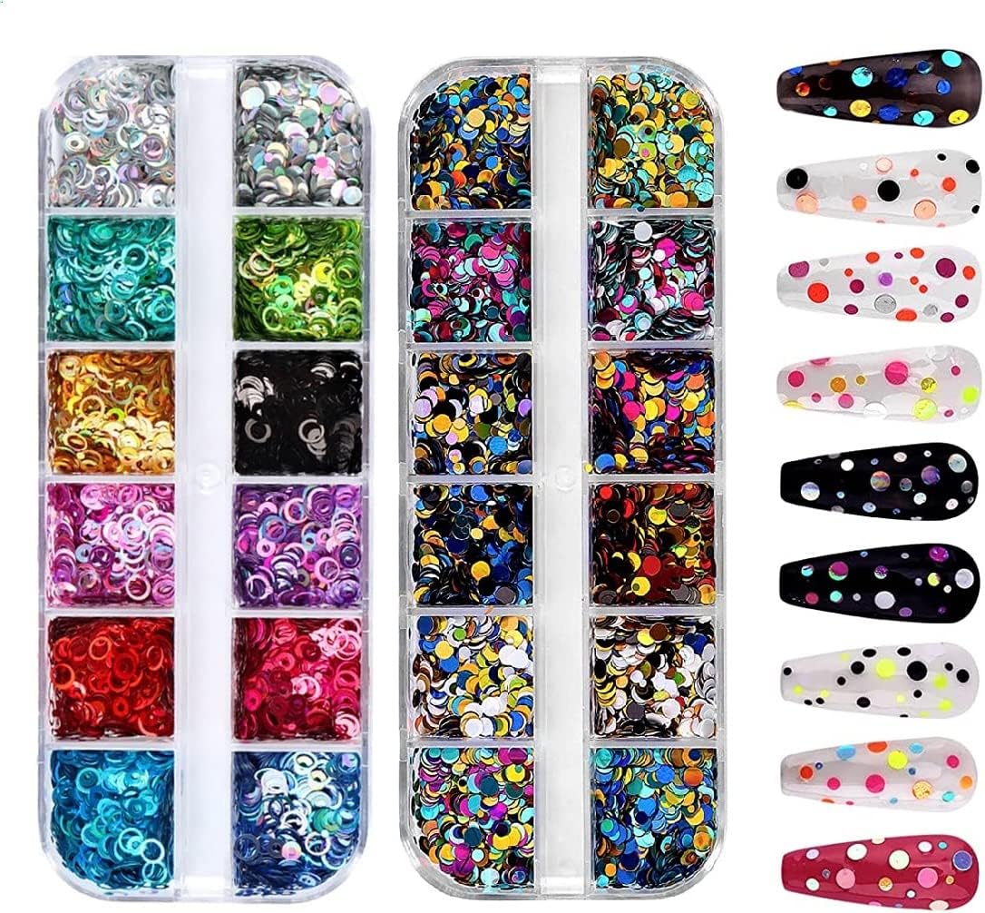 Circle & Mixed Round Thin Shining Glitter Nail Art Sequins, 3D Circle Shape Glitters Flakes Designs, Holographic Laser Shiny Round Nail Supplies for Women Girls Manicure Decorations