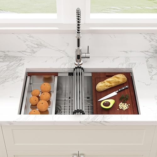 Vista 130 de Sarlai Fregadero doble de 33 piezas para empotrar - Fregadero de cocina de 33 x 19 pulgadas, acero inoxidable de calibre 16, esquina redonda, doble