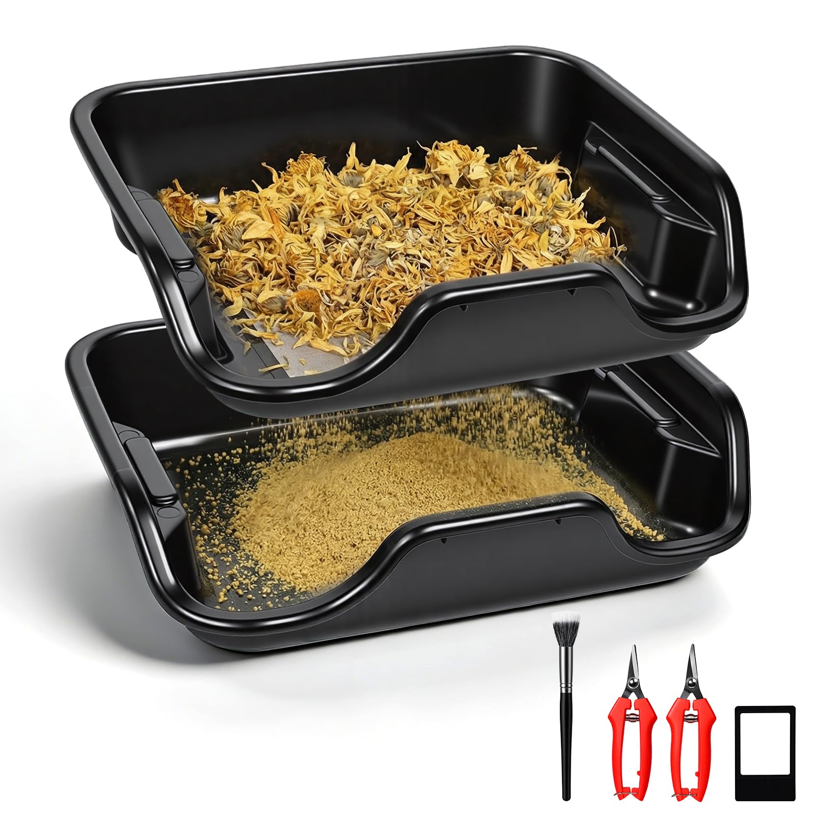 Trim Bin Set mit 150 Mikron Pollensieb, Ergonomische Trim Tray & Trimmschale mit 2 Scheren, Lupe & Bürste, Trimming Tray für Pollen and Herbs, 50x39x11,8cm